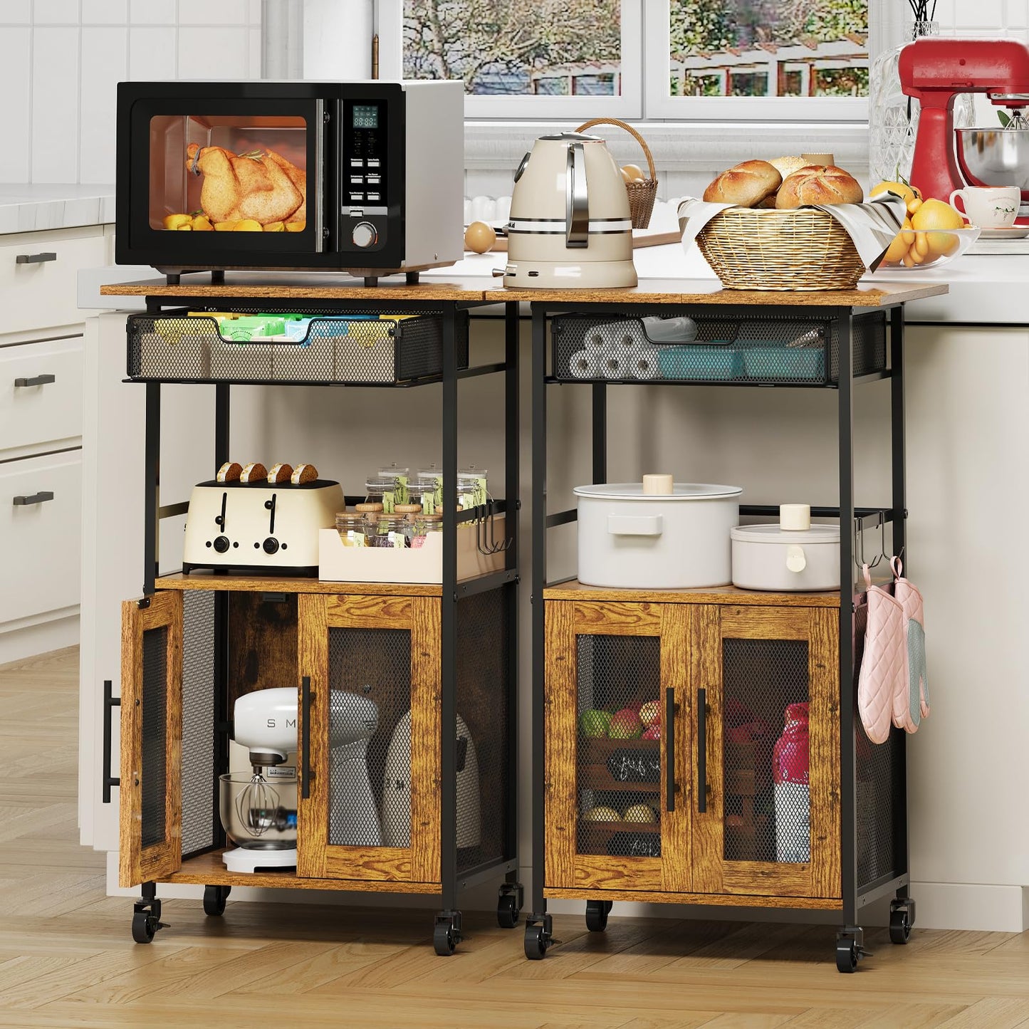 3 Tier Rolling Coffee Cart with 2-Door & Pull-Out Wire Basket Drawer, Movable Coffee Bar Cabinet on Lockable Casters, 32.7" H Microwave Cart with Storage for Home, Kitchen, Dining Room (Rustic Brown)