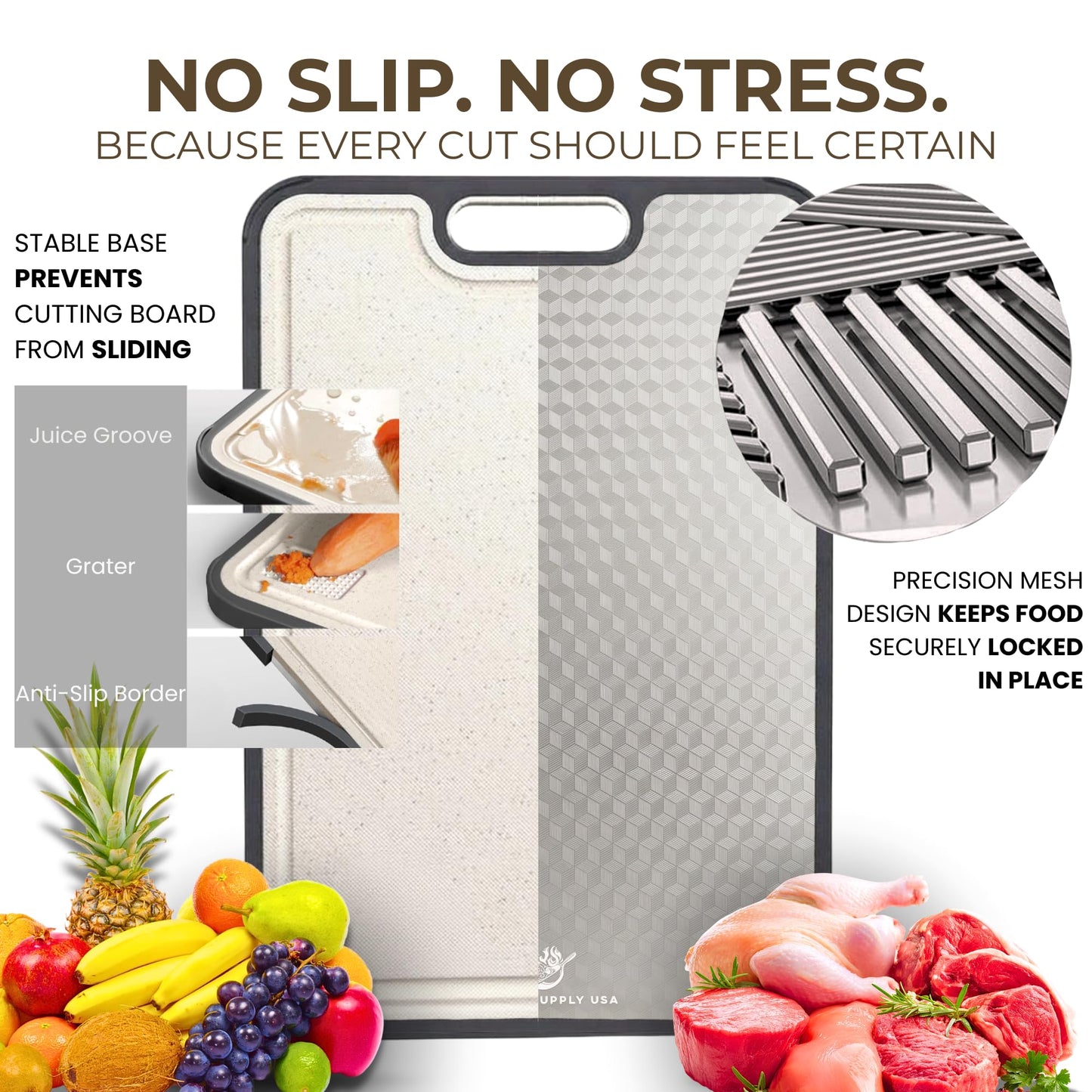 15.5 x 10 Inch Titanium Cutting Board for Kitchen, Double Sided Pure Titanium & Wheat Straw Chopping Board, Non Toxic Metal Cutting Board with Juice Groove, Non Slip Base, Scratch Reduction Mesh