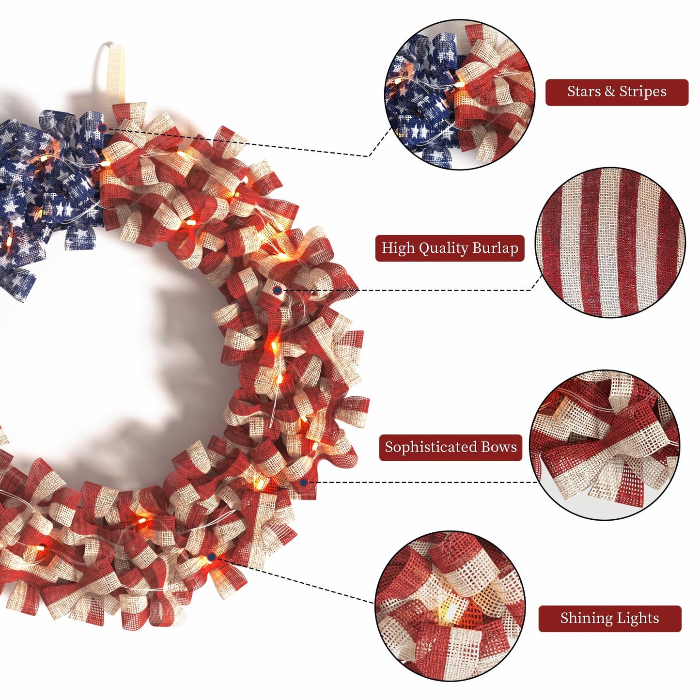 Patriotic Wreath 18 Inch American Flag Wreath for Front Door, Burlap Red White and Blue Decor with Stars Stripes and Timer-Equipped Light Strip for 4th of July Memorial Day Veterans Day