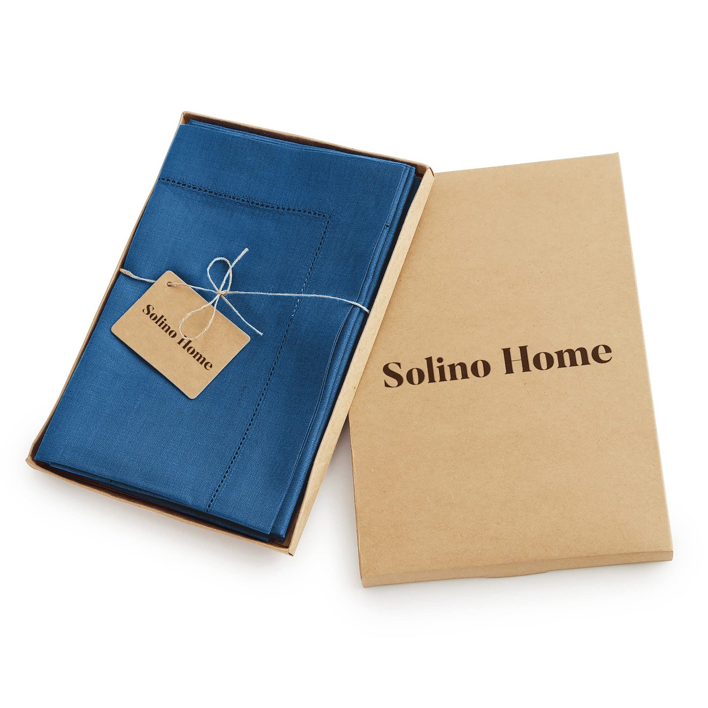 Solino Home Linen Napkins Set of 4 - Classic Hemstitch 100% Pure Linen Indigo Blue Dinner Napkins Cloth 20 x 20 Inch for Summer - Handcrafted and Machine Washable