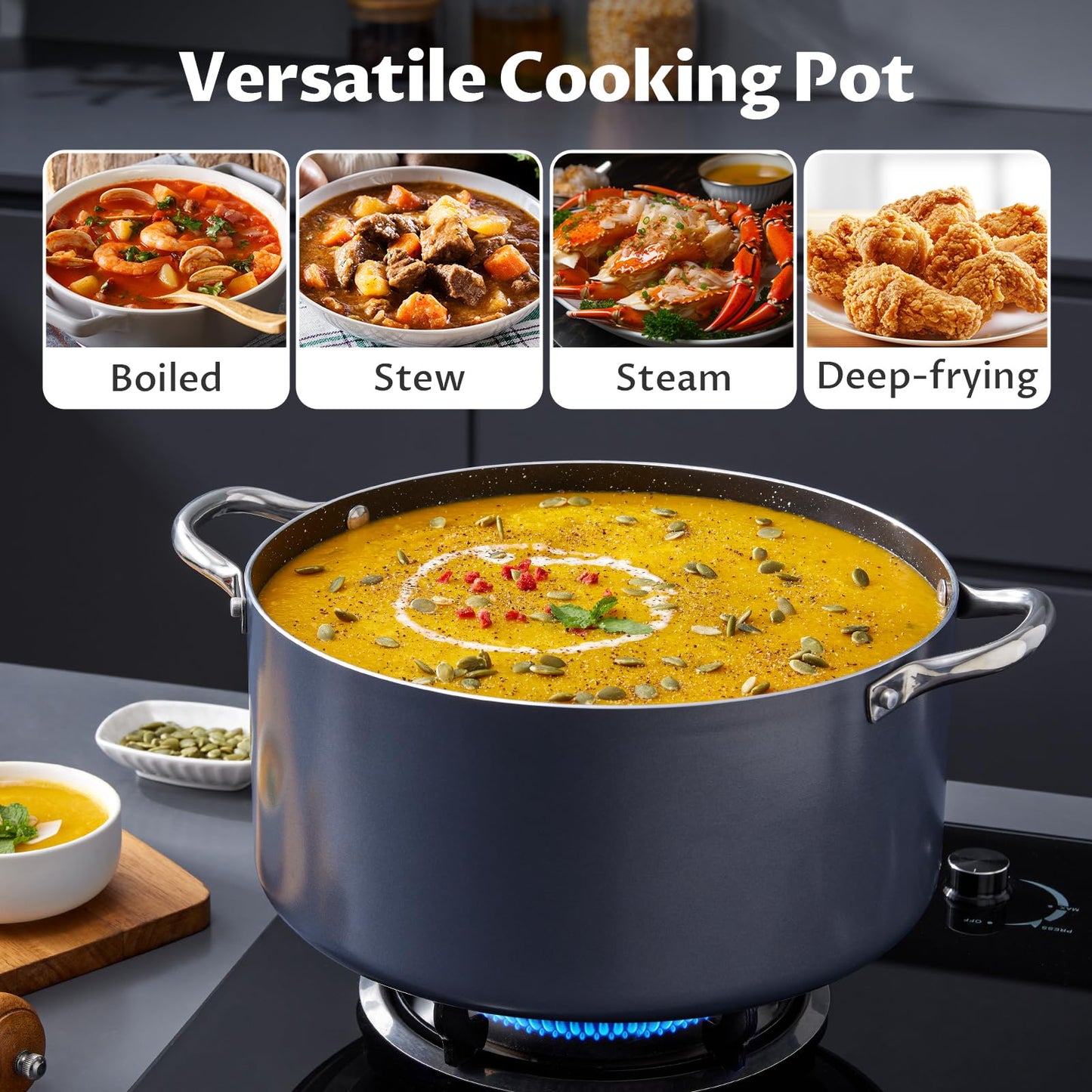 BEZIA 12 Quart Cooking Pot, Large Non Stick Induction Stock Pots with Lid, All Stove Compatible, 12 QT Aluminum Soup/Stew Pot For Big Gatherings, Grey