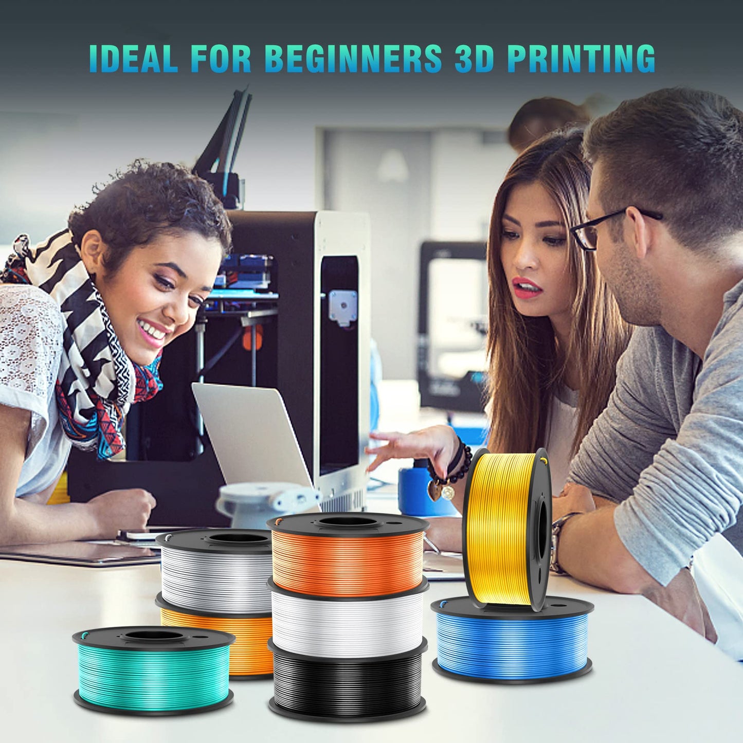 SUNLU 3D Printer Filament, 250G PLA Silk Filament Bundle, 1.75mm Smooth Silk Filament Muticolor, Neatly Wound Filament, 250G Spool, 8 Rolls, Black+White+Light Gold+Silver+Brass+Red Copper+Blue+Green