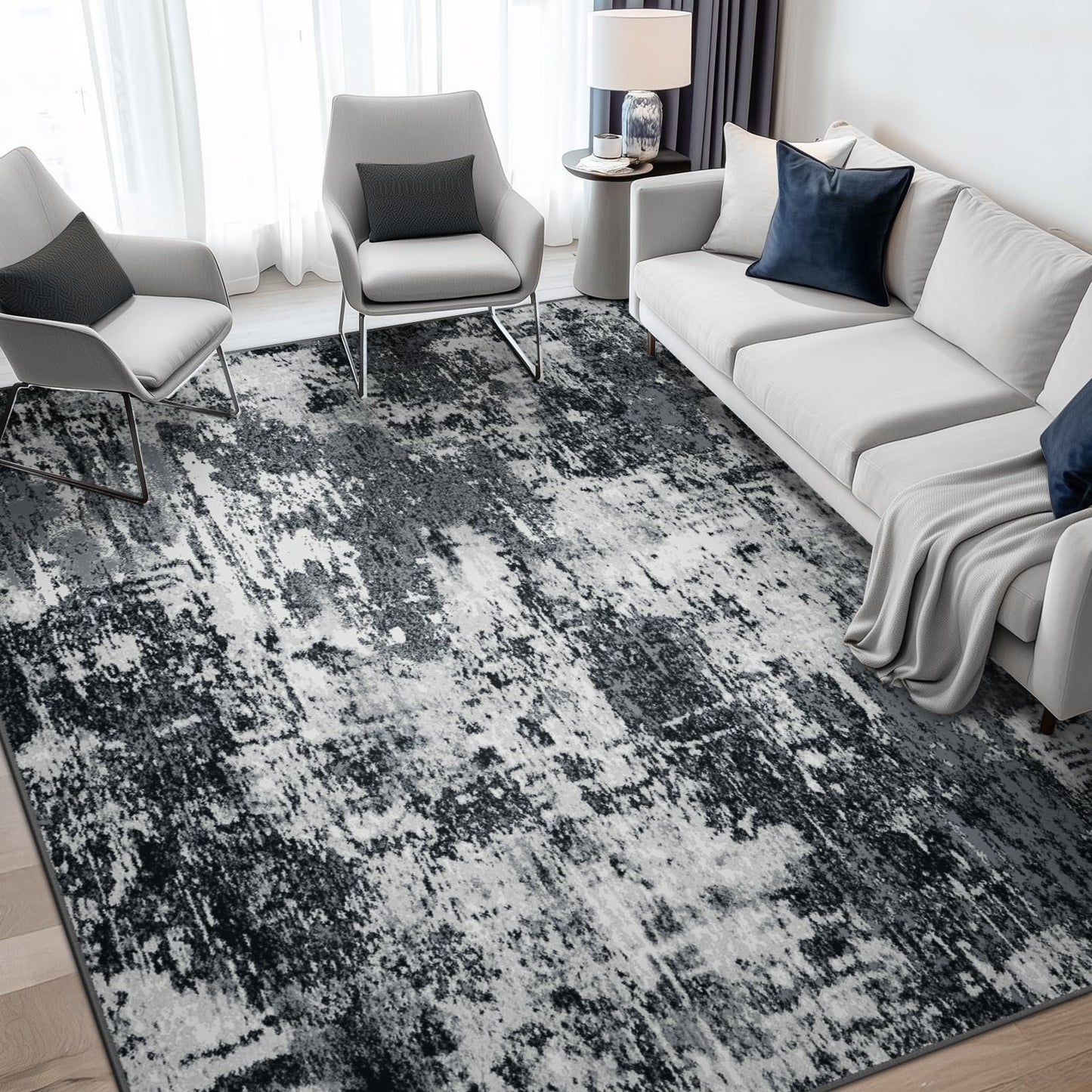 RELEANY Washable Area Rugs 5'x7' Non-Slip Modern Abstract Soft for Living Room Entryway Bedroom Nursery, Print Pattern, Black Navy Blue Gray
