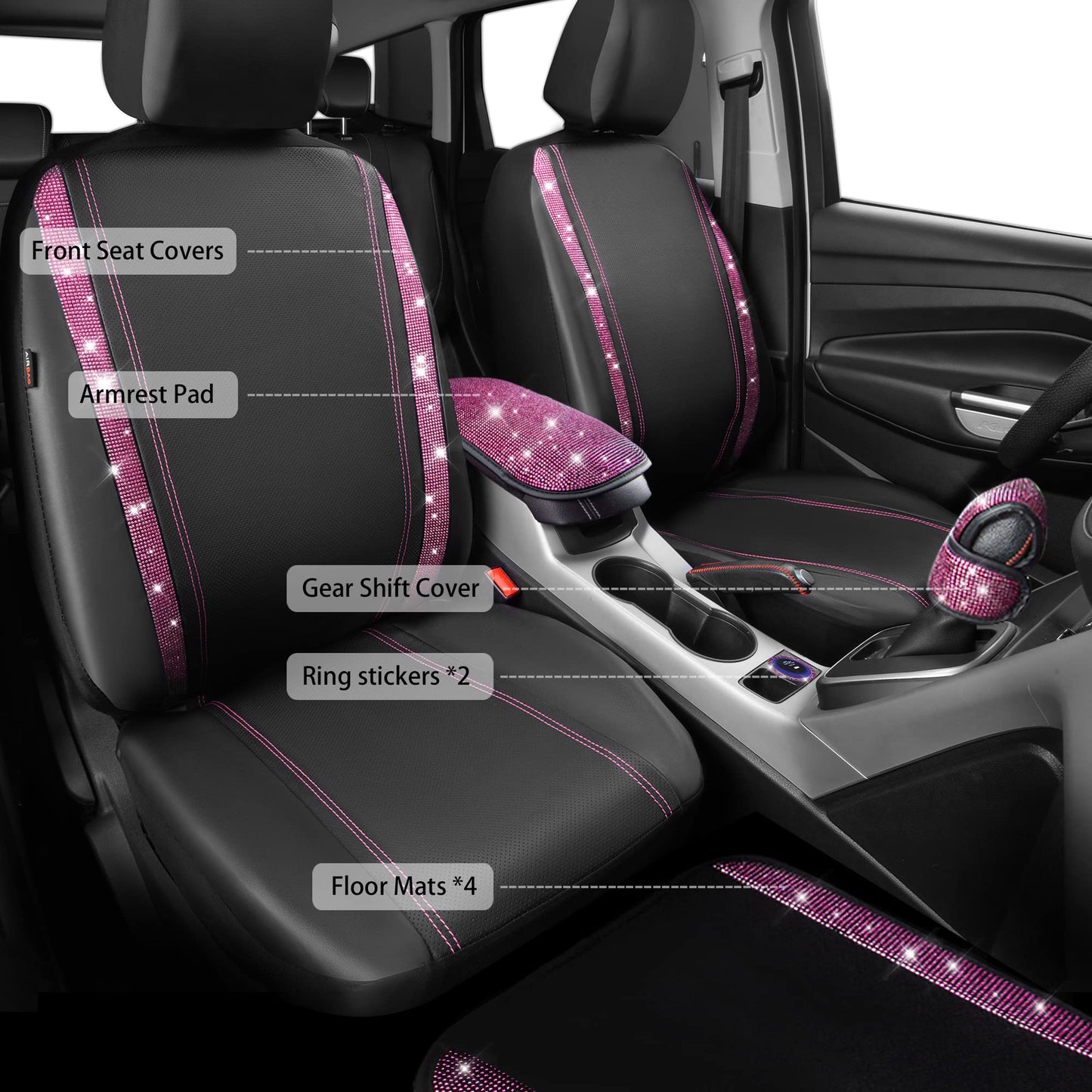 CAR PASS Bling Rhinestone Car Seat Covers Leather Shining Diamond Car Floor Mats Carpet with Anti-Slip Nibs Bling Diamonds Car Accessories Sets Pink Glitter Crystal Diamond Combo Set