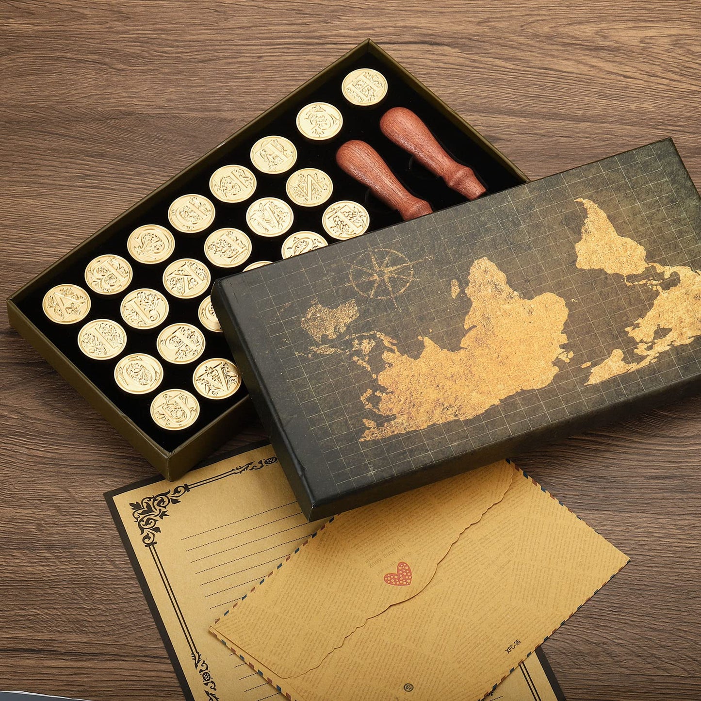 PATIKIL Alphabet Wax Seal Stamp Kit, 26 Letters A-Z Sealing Wax Stamp with 2pcs Wooden Handles, Gift Box Letter Initial Brass Head Vintage