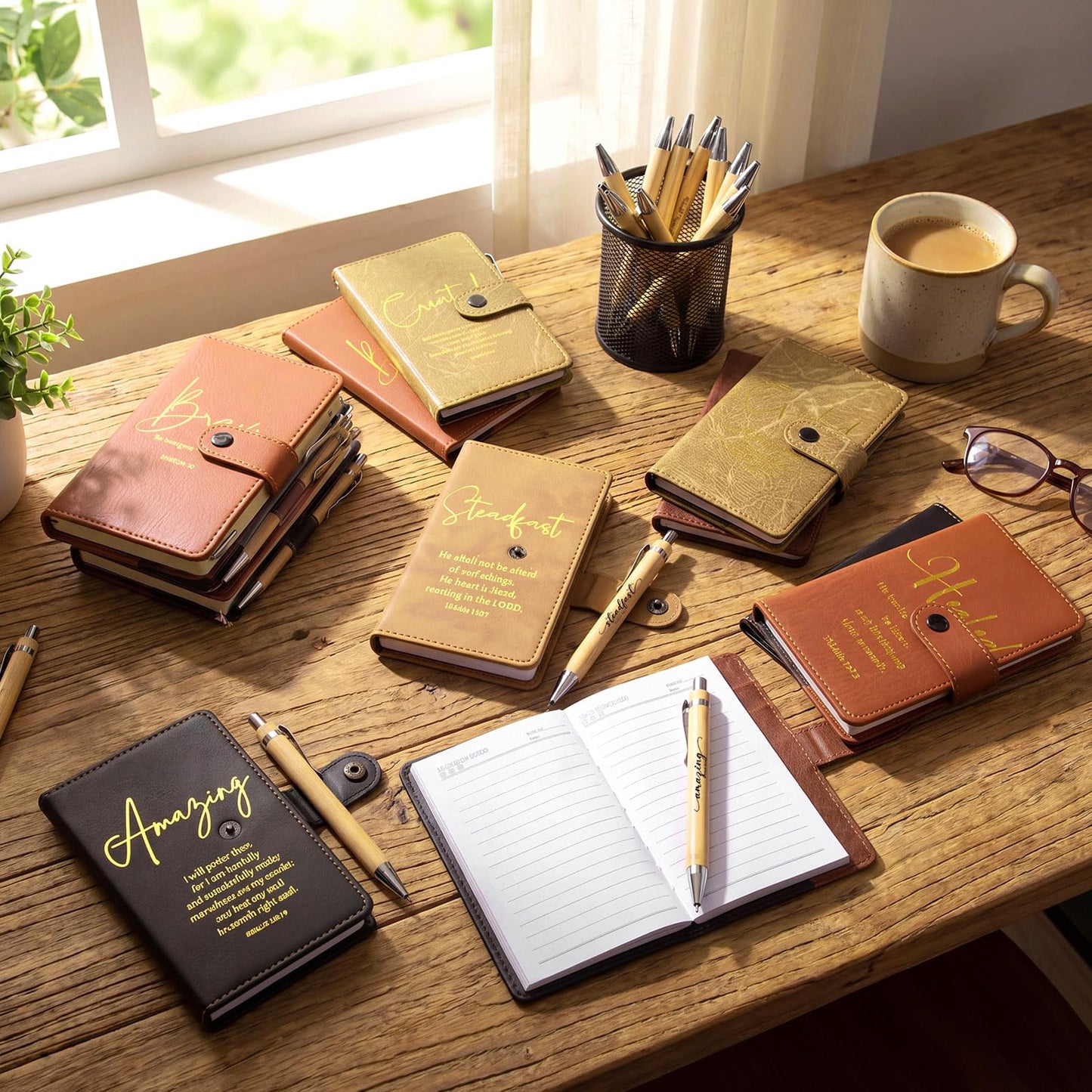 Spakon 40 Pcs Fathers Day Christian Gift Bulk Prayer Leather Journal Religious Inspirational Scripture Notebooks with Bible Verse Pens for Church Women Men Graduation (5 Colors)