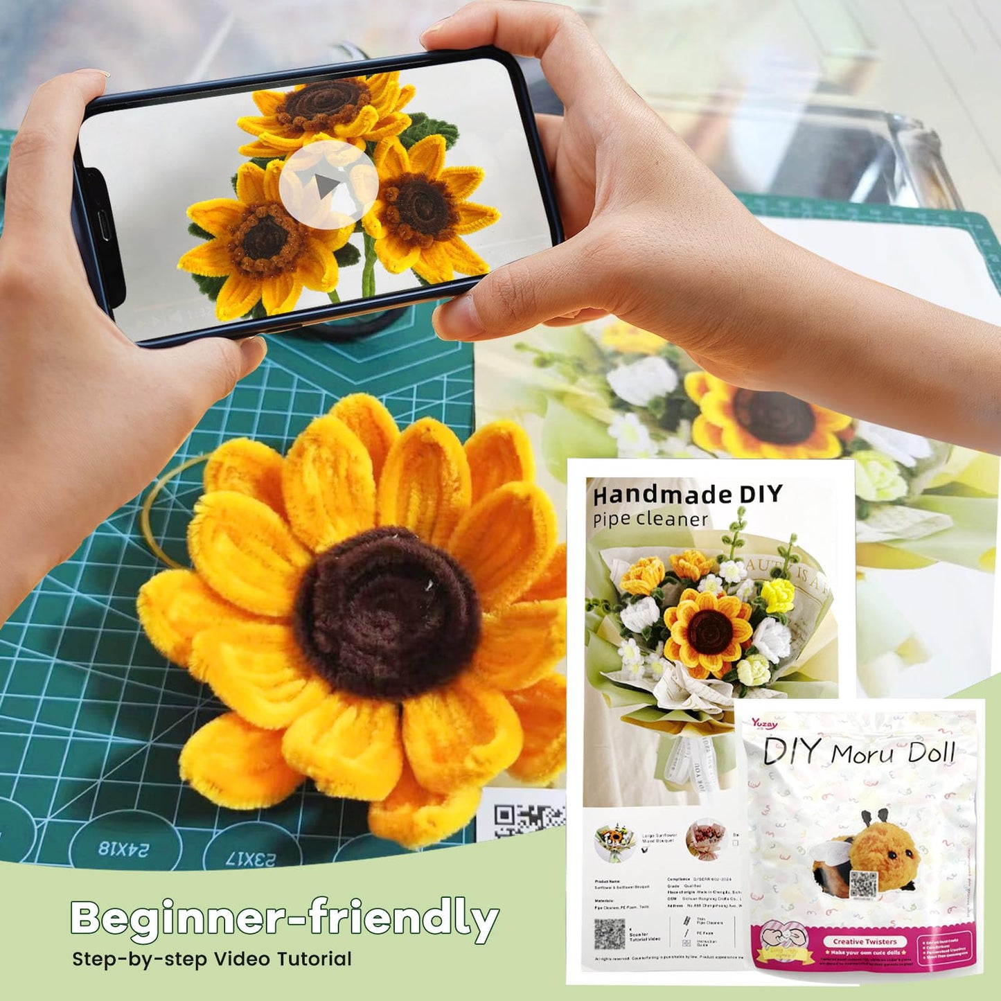 SNAIL GARDEN Pipe Cleaners Craft Kit with Wrapping Paper, Pipe Cleaner Flower Kit with 2 Bees, DIY Sunflower Flower Making Kit with Step by Step Video Tutorial for Beginners, Adults