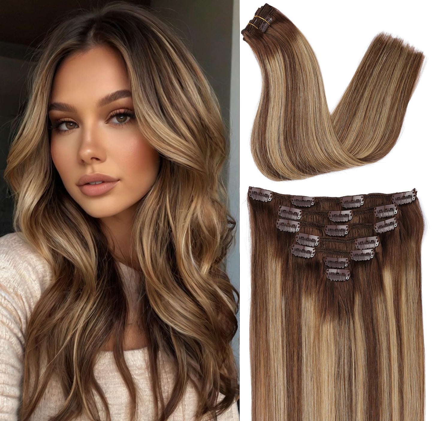 ORIGEN Clip in Hair Extensions Real Remy Human Hair Chocolate Brown to Caramel Blonde Highlights Straight Hair for Women 7pcs 120g 16 Inches