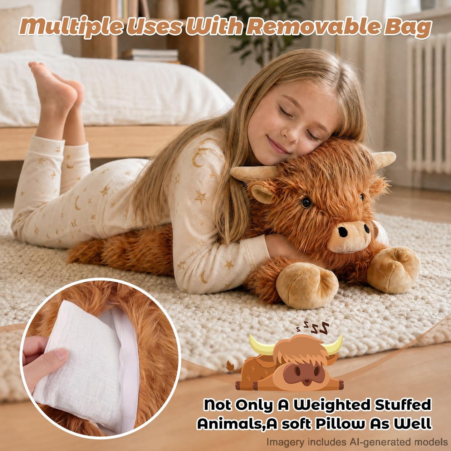 22" & 4.5 lbs Highland Cow Weighted Stuffed Animal for Anxiety, Cuddly & Soft Kids' Plush Toy Pillows for Companion, Large Plushies with Removable Ceramsite Bag, Gifts for Adults, Kids, Boys and Girl