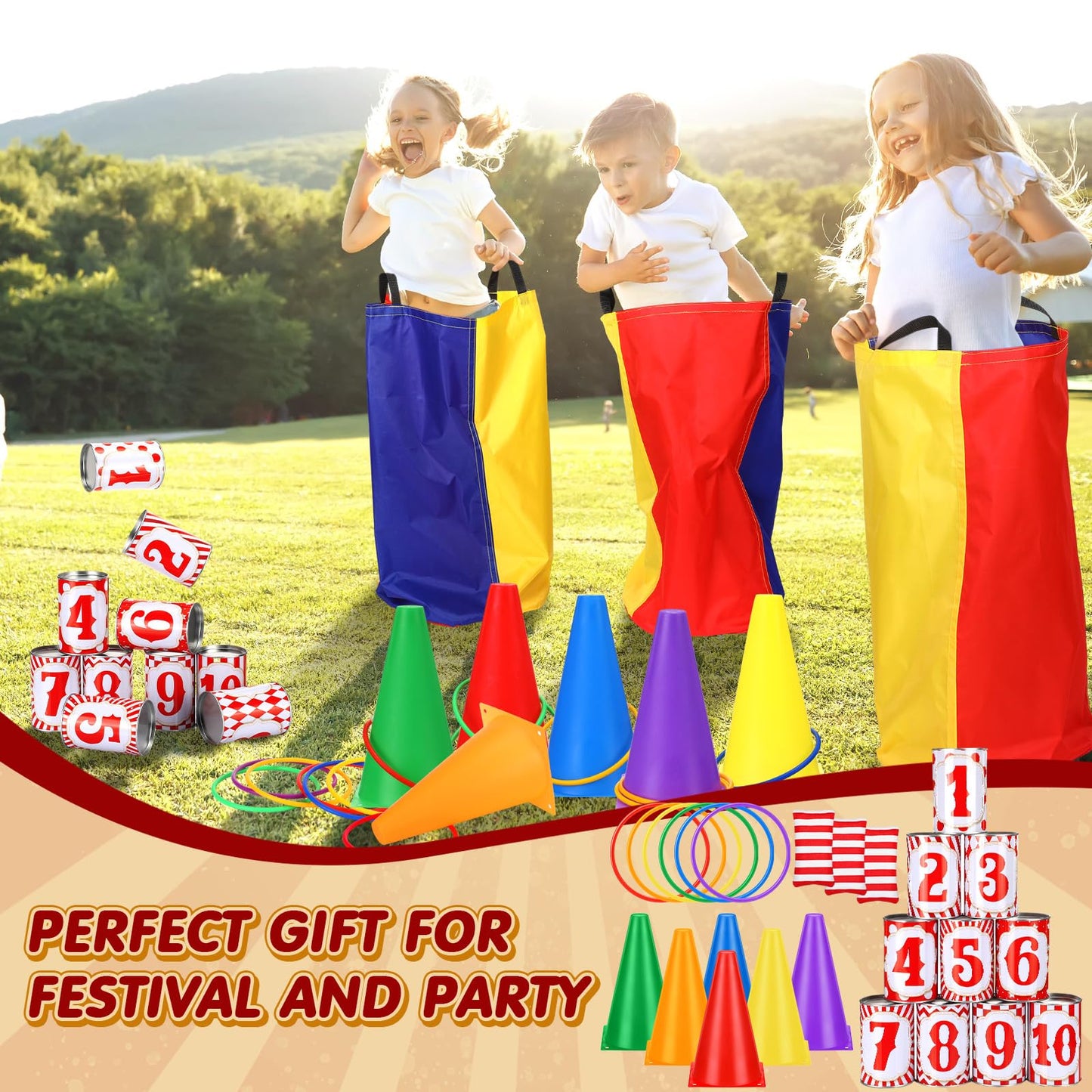 PullCrease 34 Pcs Carnival Games Set 5 in 1 Carnival Can Game Soft Plastic Cones Ring Toss Game Bean Bag toss Lawn Party Games Outdoor Games for Kids Birthday Party Backyard Events Summer