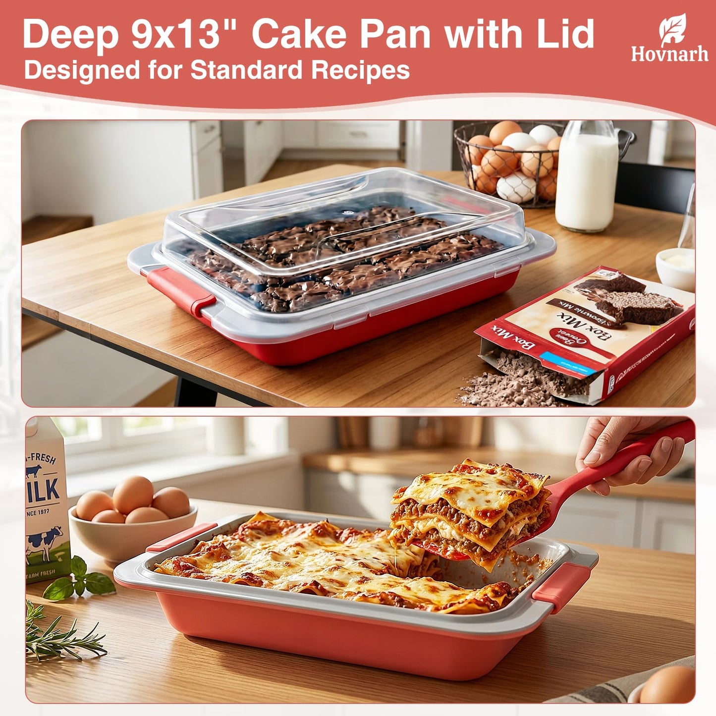 9x13 Baking Pan with Lid, Deep Nonstick Covered Cake Pan for RV & Convection Oven, Heavy Duty Warp-Resistant Pan with Silicone Handles, Snap-On Cover for Meal Prep, Storage, Transport (Coral Red)