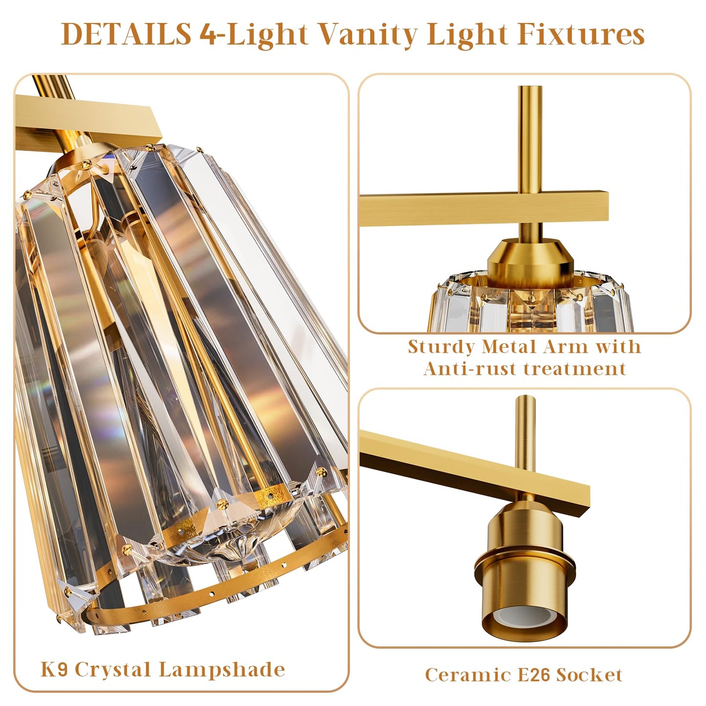 KernLite Crystal Bathroom Light Fixtures Over Mirror, Gold 4-Light Bathroom Vanity Lights Over Mirror Modern Wall Lighting Sconces with Ceramic E26 Base (Bulbs Not Include)