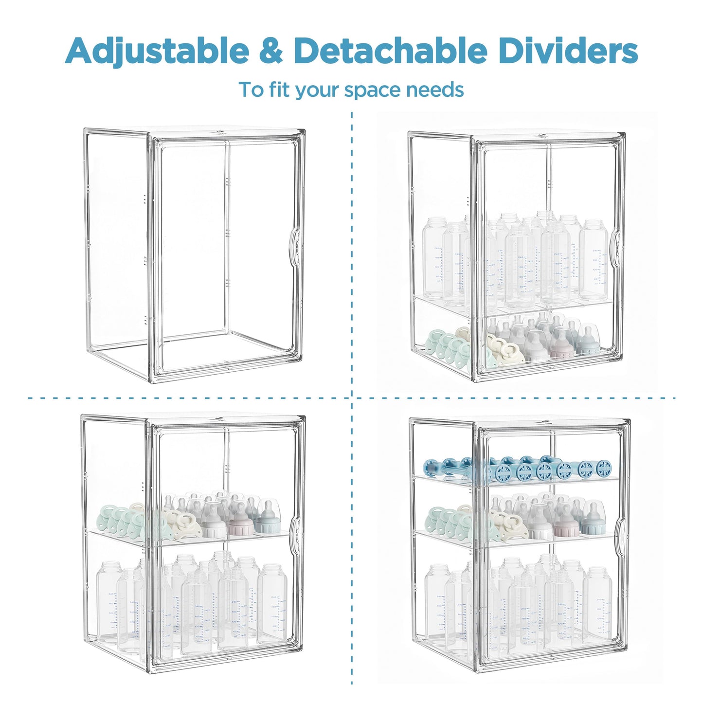 HBlife Baby Bottle Storage Organizer for Countertop Cabinet, 3 Tiers Adjustable Clear Acrylic Bottles Storage Station Case Box Container with 2 Removable Dividers and Magnetic Door, X-Large