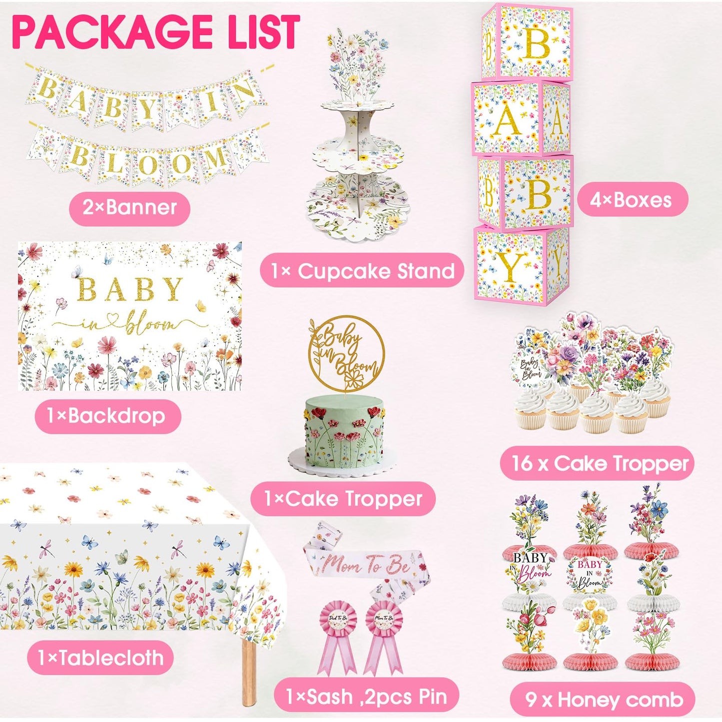 Baby In Bloom Baby Shower Decorations, 175Pcs All in One Set Wildflower Baby Shower Decorations Boxes Banner Backdrop Tablecloth Cake Topper Balloon Sash for Floral Baby in Bloom Shower Party Girls