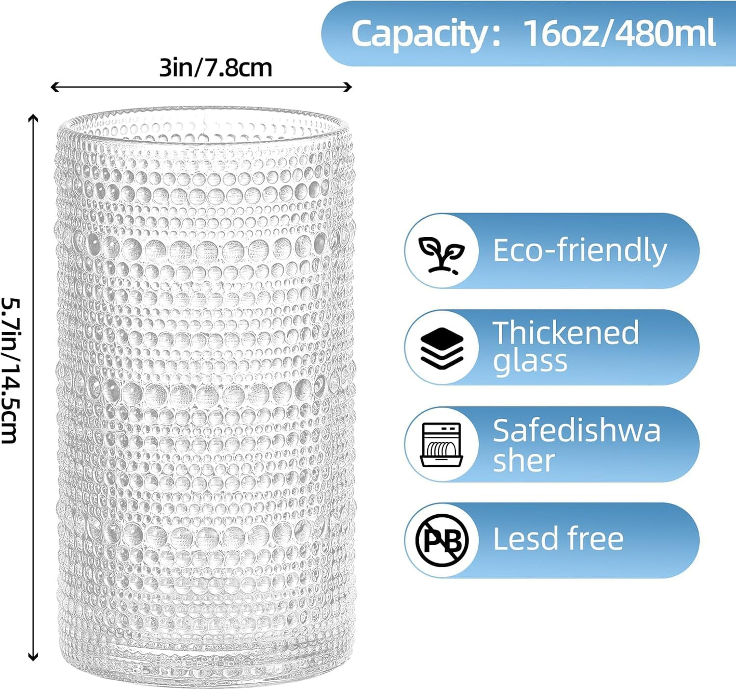 GDCCI 16oz Hobnail Drinking Glasses Set of 6, Vintage Large Capacity Embossed Clear Tumblers, Highball Glasses for Water, Cocktail, Beer, Whiskey, Juice & Bar Use