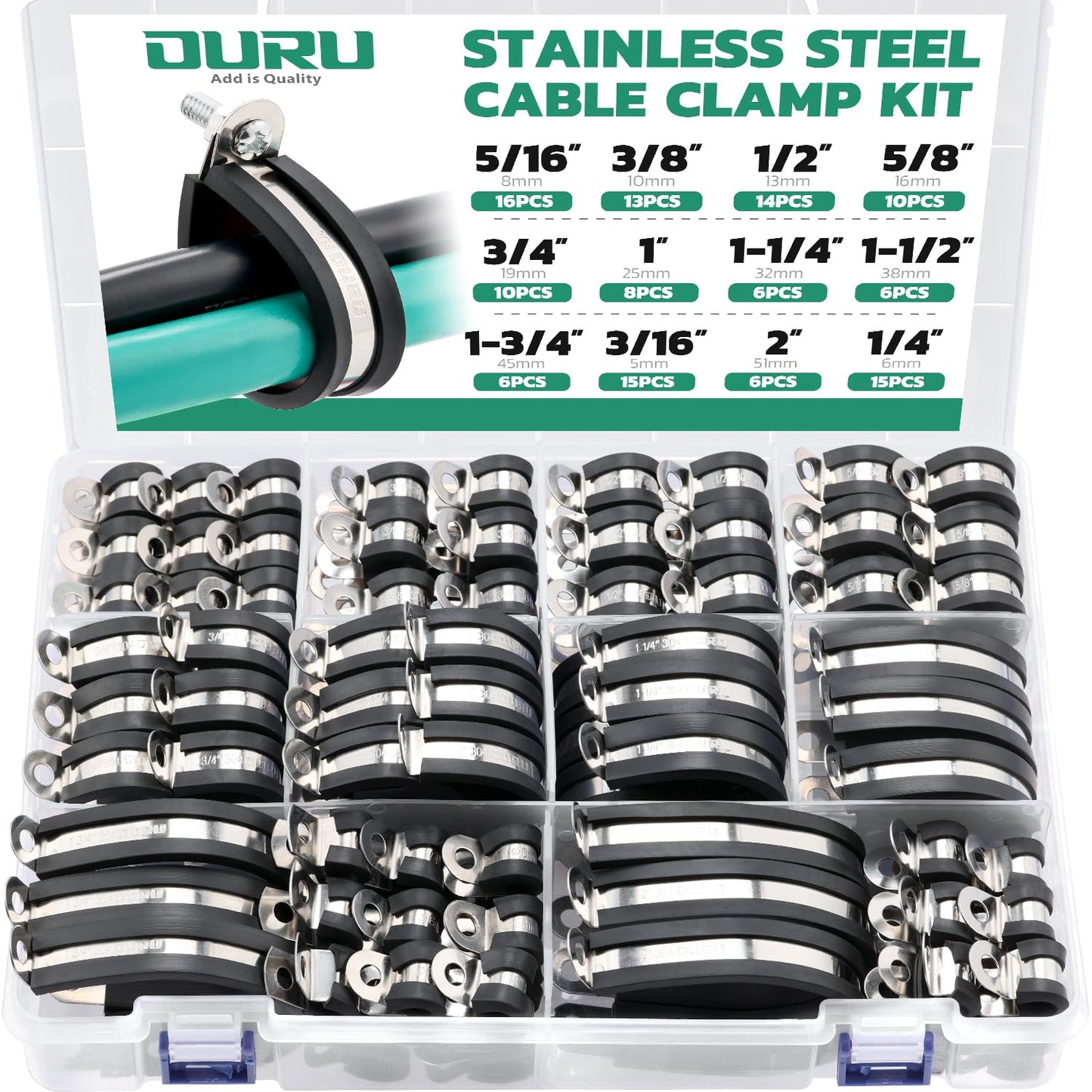 OURU 125PCS Cable Clamp,12 Sizes Stainless Steel Rubber Coated Cushioned Insulated Cable Clamps Assortment Kit-Metal Wire Clamps,Cable Clips,Pipe Clamps