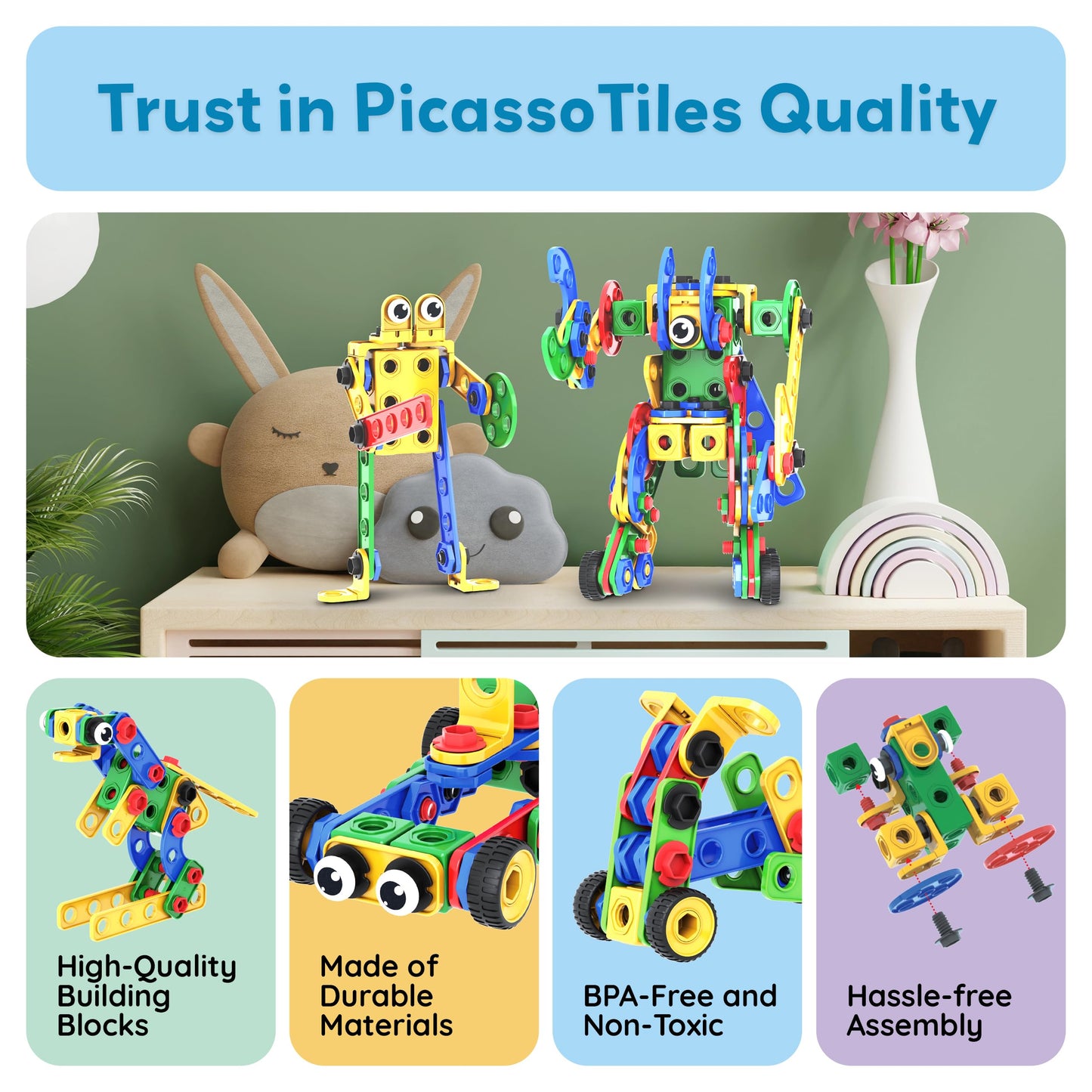 PicassoTiles STEM Learning Toys 201 Piece Building Block Kids Construction Engineering Kit Toy Blocks Children Early Education Playset w/Free IdeaBook, Power Drill, Clickable Ratchet, Age 3+ PTN201