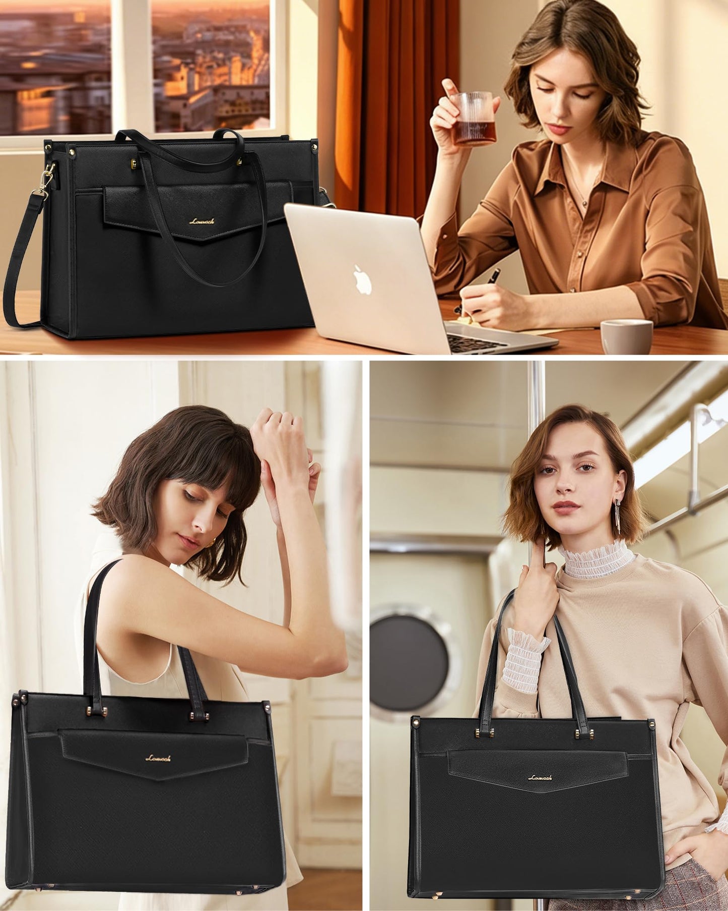 LOVEVOOK Laptop Tote Bag for Women, 15.6 inch 2-in-1 Professional Work Bag Business Briefcase with Clutch Purse, Waterproof Leather Computer Handbag for Teacher Office Travel