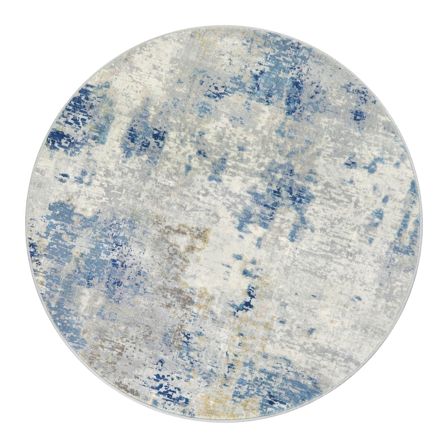 Lahome Washable Round Rug 5Ft, Blue Modern Abstract 5x5 Circle Rugs for Living Room Bedroom, Soft Contemporary Large Indoor Carpet for Kitchen Apartment Basement Home Office