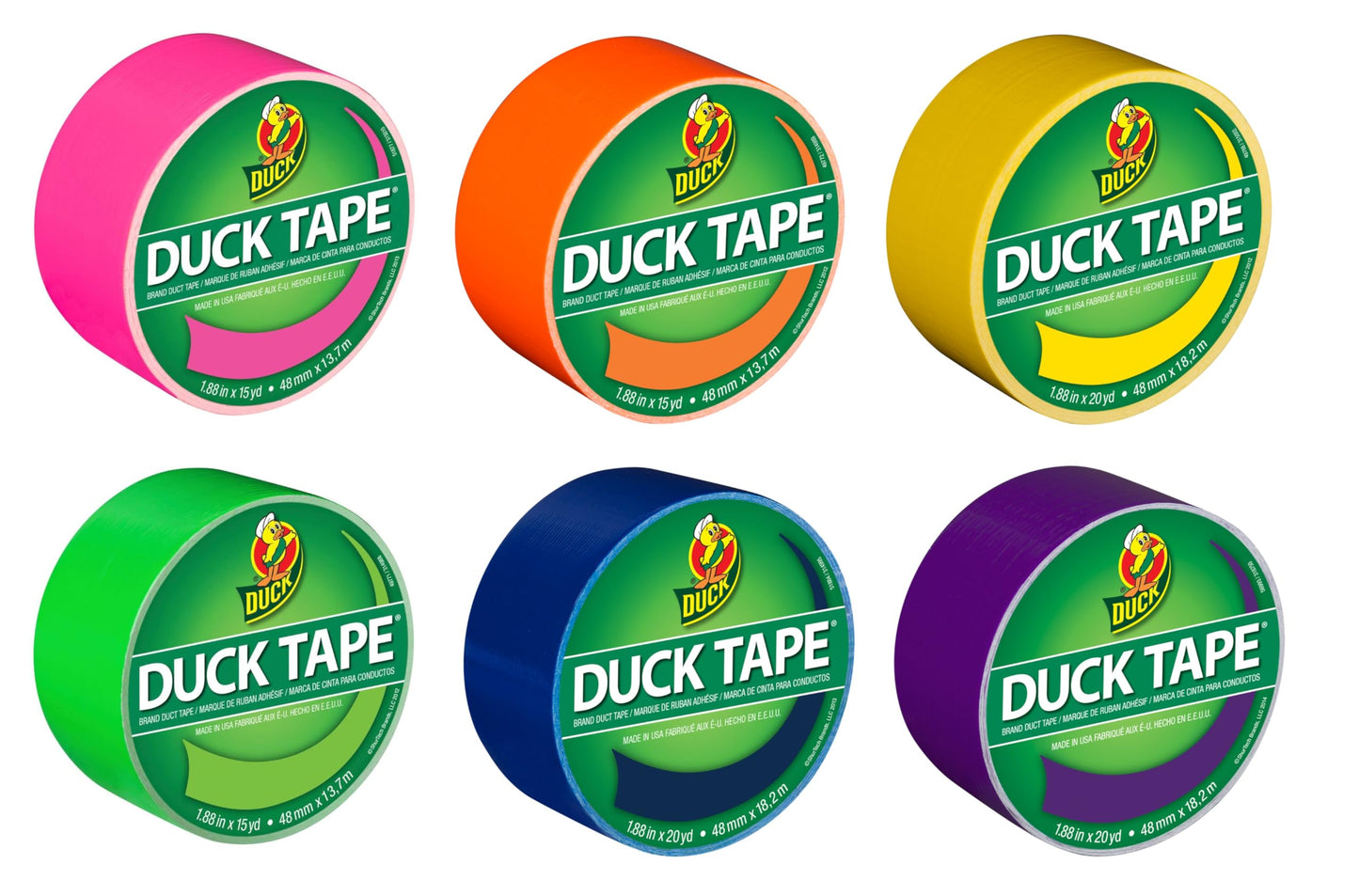 Duck Brand Color Duct Tape Bright Rainbow Combo 6-Pack, Neon Pink, Neon Orange, Yellow, Neon Green, Blue and Purple, 105 Yards Total