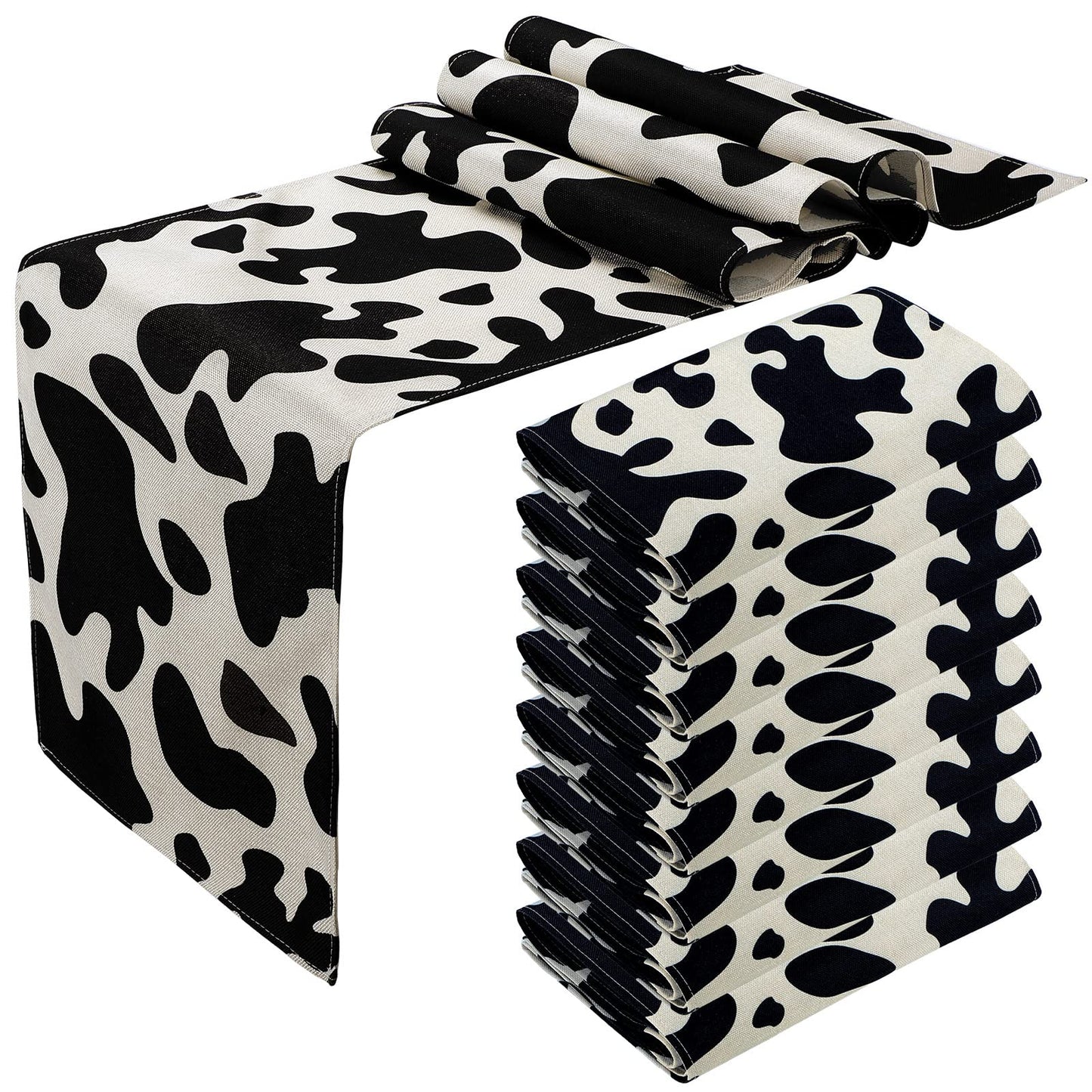 Kingdder 8 Pcs Linen Cow Print Table Runner Farm Black and White Cowhide Tablecloth Cow Print Table Cloths for Parties Kitchen Western Barnyard Cowboy Birthday Home Decorations (13 x 108 in)