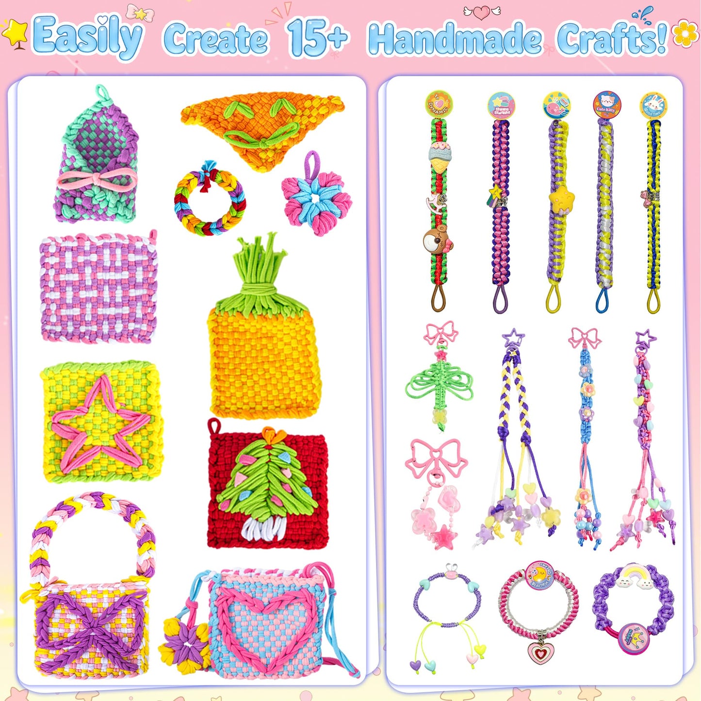 ELFJOY Friendship Bracelet Making Kit,Arts and Crafts Kit for Girls Ages 8 9 10 11 12,Rainbow Weaving Loom for Kids to Make Bracelets Coasters Complete Beginner Weaving Supplies for Christmas Birthday