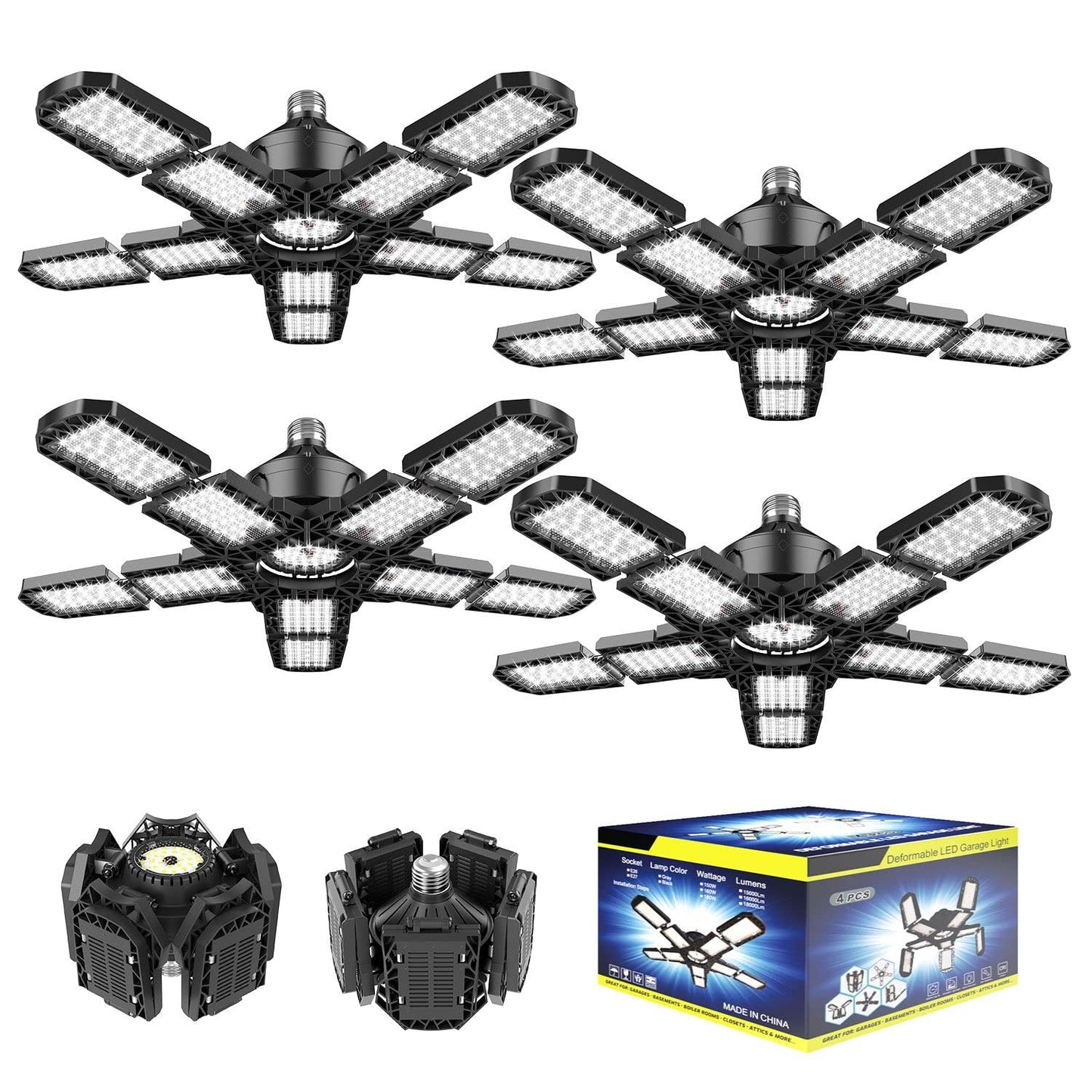 Nexillumi 4-Pack Led Garage Light 180W, 36000LM LED Shop Lights with E26/E27 Medium Base, 6000K Deformable Garage Lights Ceiling LED with 10+1 Adjustable Panels for Garage, Workshop, Attic, Basemen