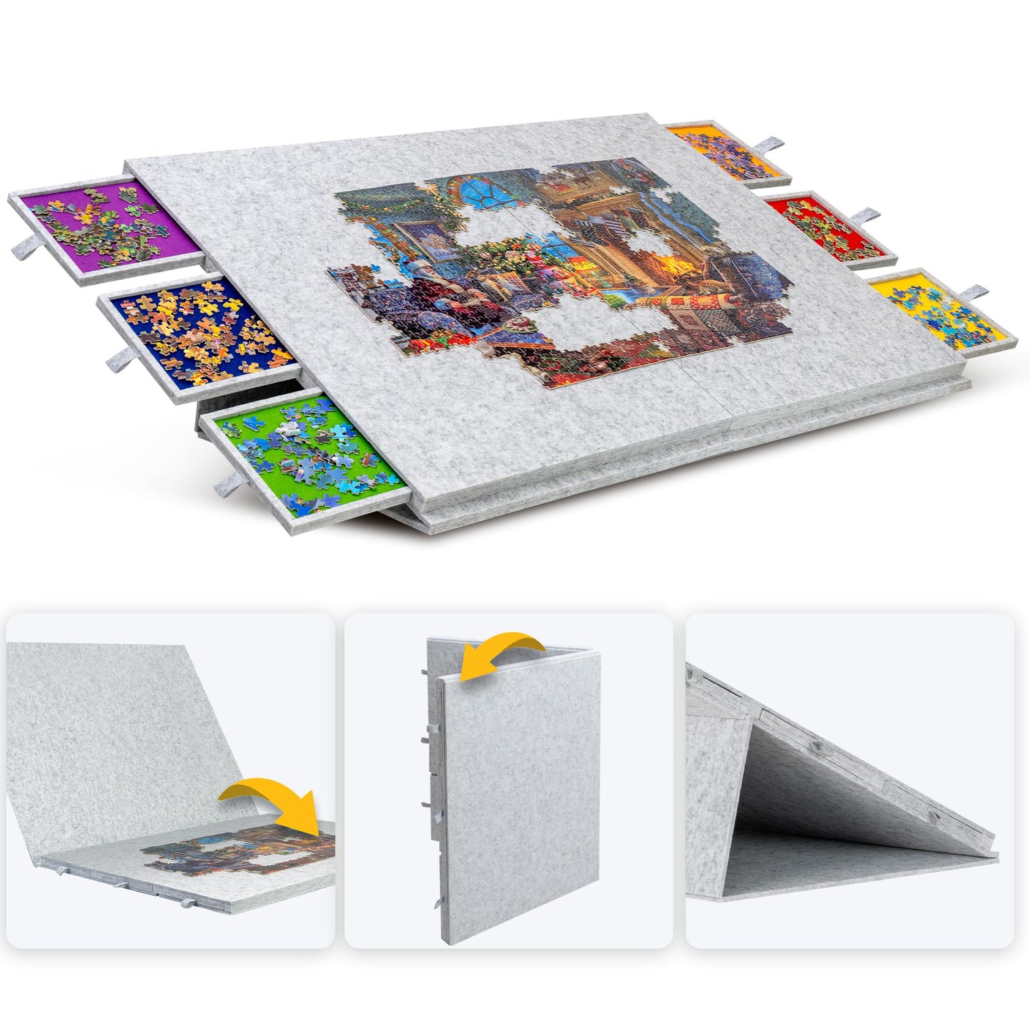 Lavievert 2000 Piece Tilting & Foldable Puzzle Table with 2-in-1 Designed Stand & Cover, Lightweight Felt Puzzle Plateau with 6 Colored Drawers, Portable Jigsaw Puzzle Board for Adults – Light Gray