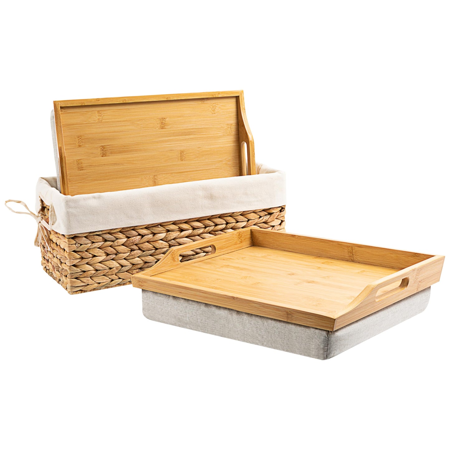ROSSIE HOME Bamboo Wood Bed Tray, Lap Desk - Set of Two - with Hyacinth Storage Basket - Natural - Fits up to 15.6 Inch Laptops - Style No. 70107
