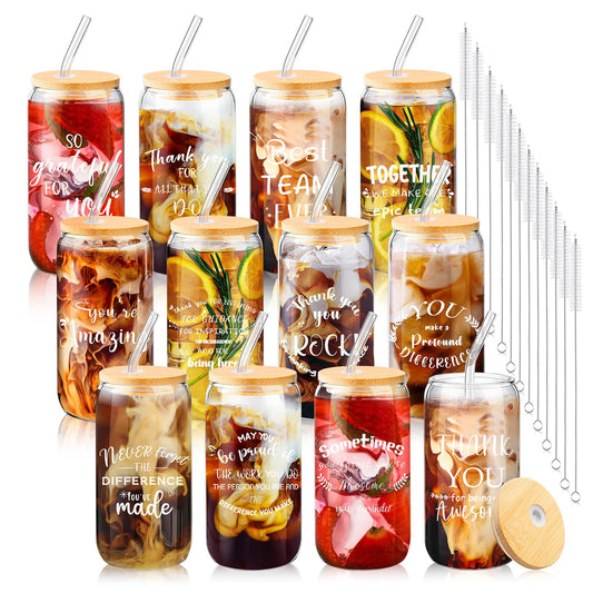 BHHQHH 12 Sets Employee Appreciation Gifts Team Thank You Gifts for Staff Coworker Inspirational and Motivational Glass Cups 16 oz Can Shaped Beer Glass with Lids Straws Brushes