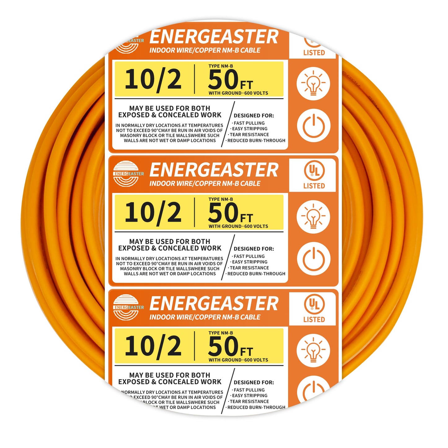 Energeaster 10/2 NM-B Wire,with Ground Indoor Electrical Copper Wire，10 Gauge Wire 2 Conductor Non-Metallic Sheathed Copper Cable(50FT Orange)