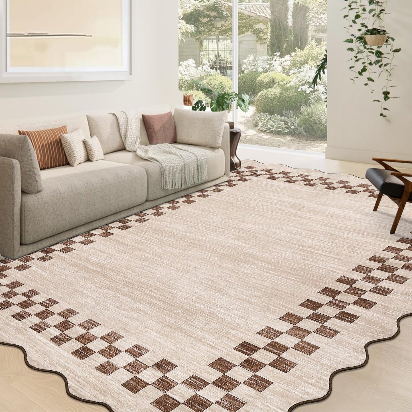 GarveeHome Washable Rug 5x7 for Living Room Large Bedroom Scalloped Rug Non Slip Stain Resistant Modern Border Throw Carpet Soft Boho Rug for Dining Room Nursery Home Office, Beige
