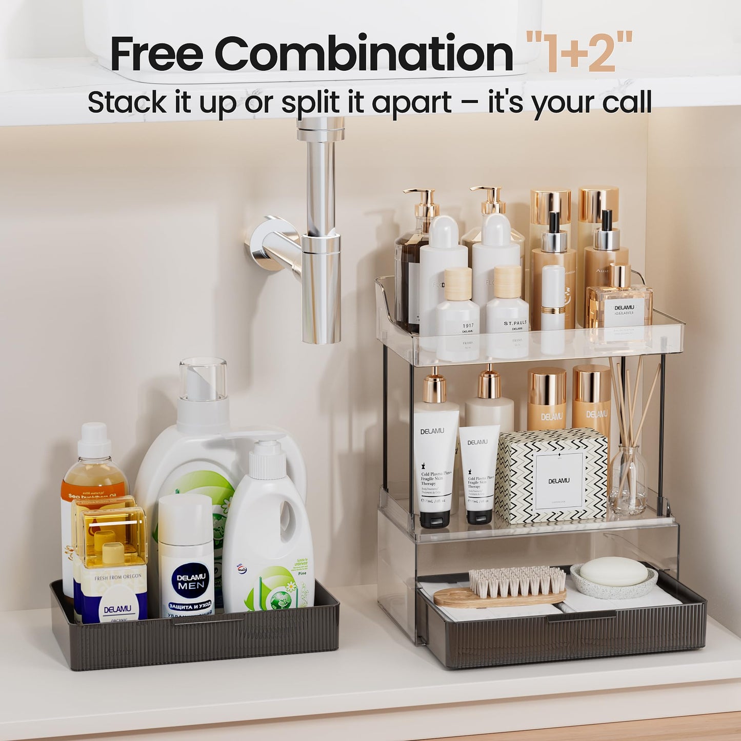 Delamu Bathroom Organizers and Storage, 2-Tier 2-Drawer Makeup Organizer Countertop, Easy to Install, Ideal for Bathroom Storage, Vanity, Large Skincare, Perfume, Present, and More, Black