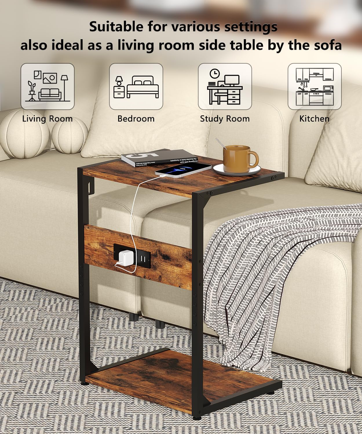 Akxomel 2 Tier Computer Tower Stand with Charging Station, 11.8" D x 16.5" W Rolling Floor PC Tower Stand Fits Under Desk, CPU Holder Cart for Carpet with Hooks, C Shaped End Table for Home Office
