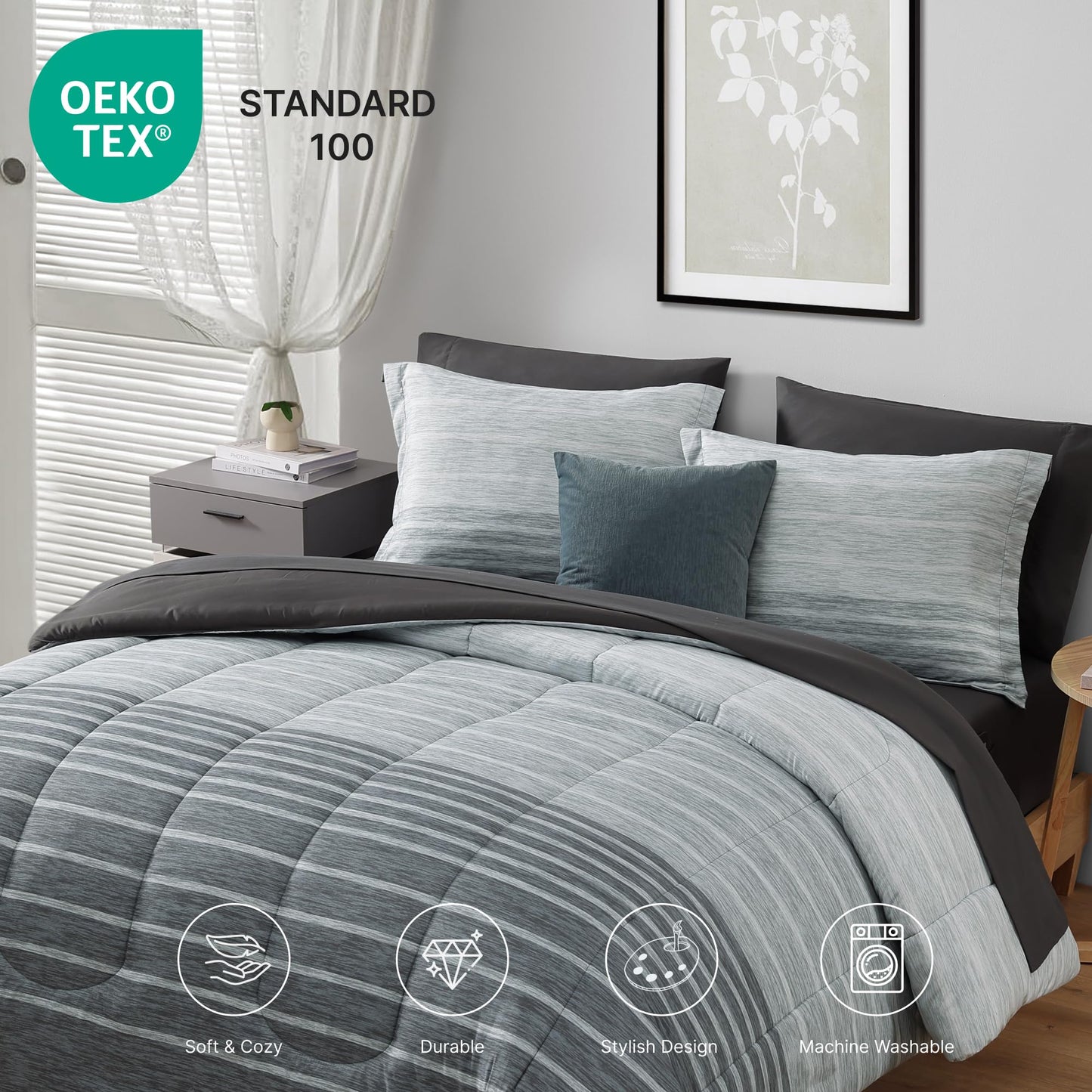 Monbix Queen Comforter Set - 7 Pieces Bed in a Bag Queen, Grey-Stripe Bedding Sets, All Seasons Comforter Bed Set with Sheets, Pillowcases & Shams