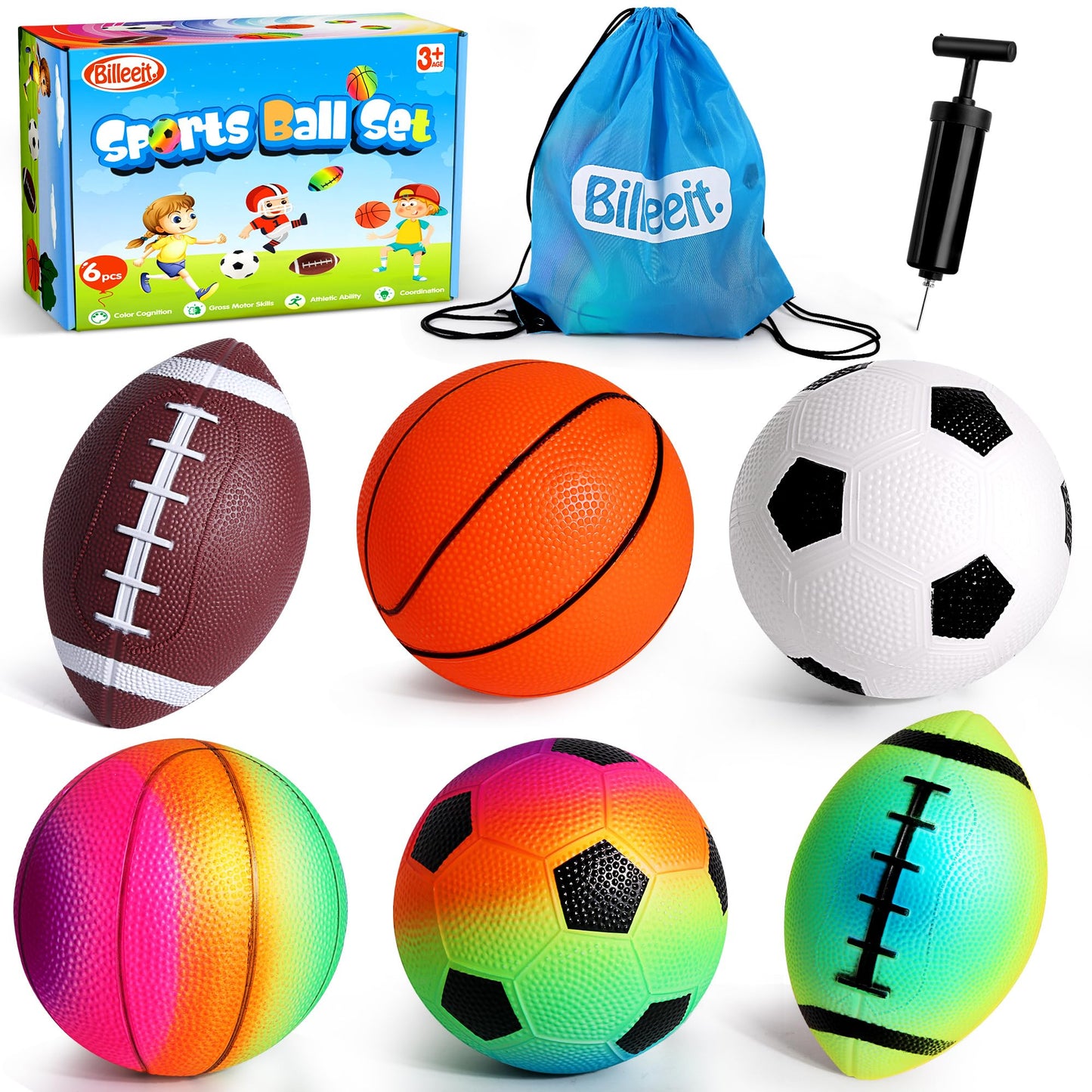 Billeeit Small Sports Balls for Kids Pack of 6, 2 Each of 5" Football, Basketball, Soccer for Playground, Toy Balls Set, Inflatable Multi-Sport Ball Set with 1 Pump for Indoor and Outdoor Activities
