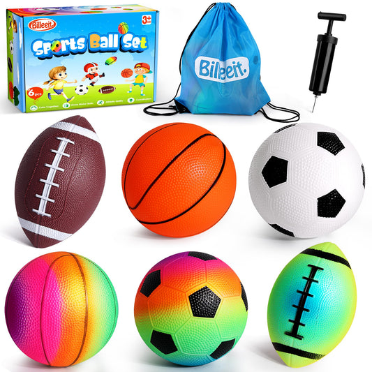 Billeeit Small Sports Balls for Kids Pack of 6, 2 Each of 5" Football, Basketball, Soccer for Playground, Toy Balls Set, Inflatable Multi-Sport Ball Set with 1 Pump for Indoor and Outdoor Activities