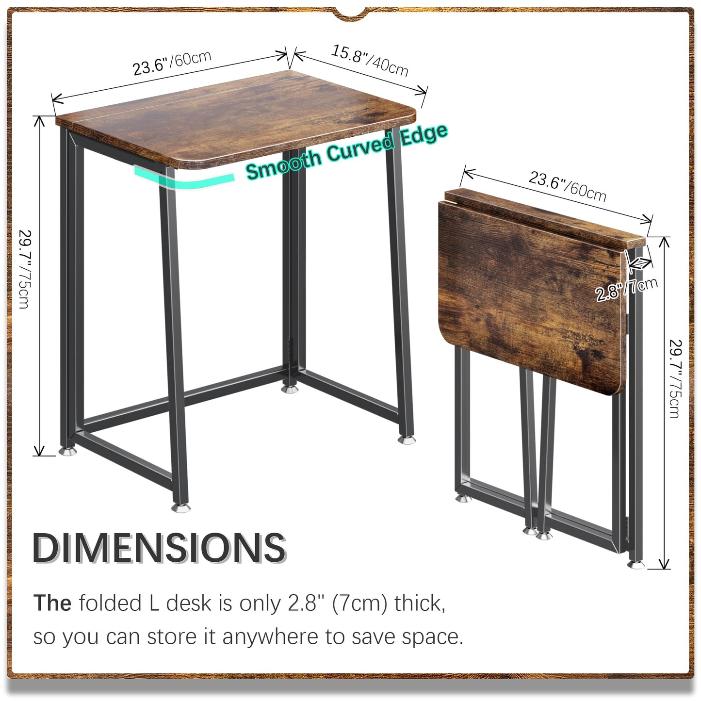 4NM 23.6" Mobile Small Folding Desk, Foldable Rolling Computer Home Office Desk, Study Writing Table for Small Space Saving Bedroom, with Wheels - Rustic Brown and Black