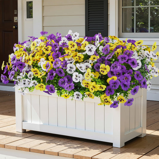 Alupssuc 48 Bundles Artificial Flowers for Outdoors, Fake Spring Flowers for Decoration, UV Resistant Realistic Pansies with Eucalyptus Silk Faux Flowers for Porch Patio Yard, Eggplant Yellow White