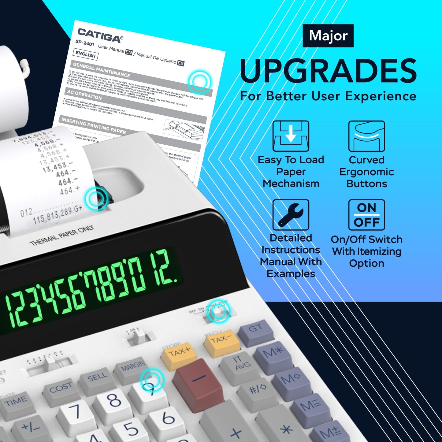 CATIGA 12 Digit Thermal Printing Calculator with Tape Print Out, Ink-Free Adding Machine, 5X Faster Quite at 8.0 LPS, Extra Large Fluorescent Display, Tax Calculation with Clock and Calendar, SP-2401