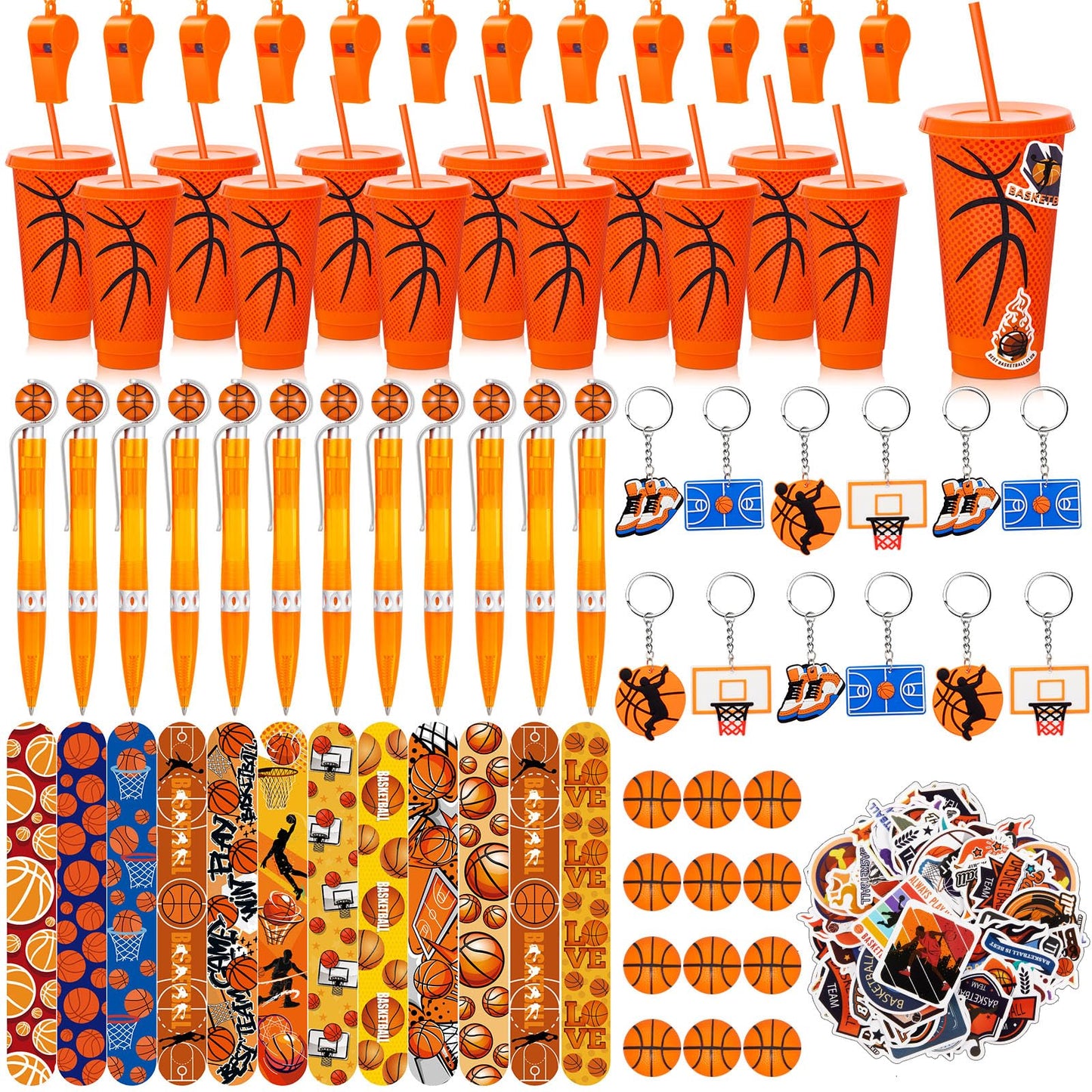 Hollowfly 122 Pcs Basketball Party Favors Set Basketball Goodie Bags Stuffers Includes Cups with Straw Mini Stress Ball Keychains Slap Bracelets Whistles Stickers Pens for Birthday Party Supplies