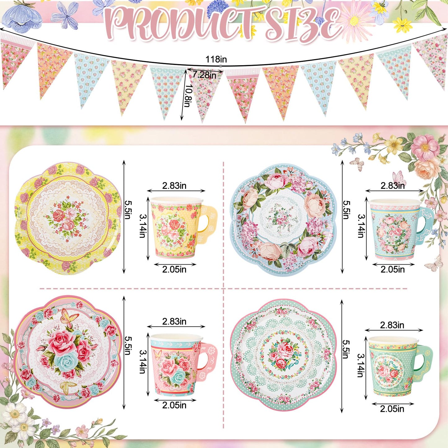 Nuogo 244pcs/40set Disposable Tea Party Supplies Vintage Floral Paper Tea Plates Cups Napkin 3 Tier Cake Stand Bunting Banner and Disposable Tableware for Birthday Baby Shower Bridal Wedding, Serve 40