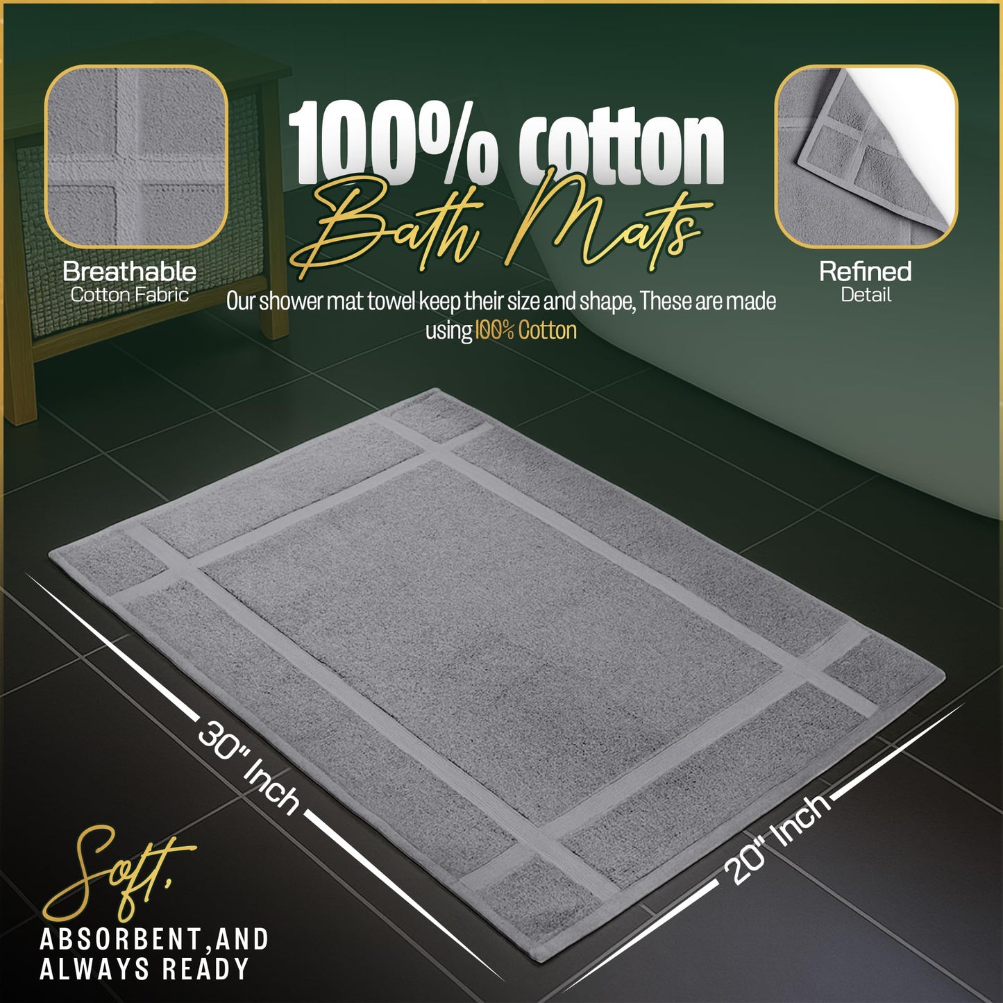 Pearl Linens 100% Ring Spun Cotton Bath Mat (Pack of 6) 20 x 30 Inch, Washable, Soft & Absorbent Terry Bathroom Floor Mat – Not Bathroom Rugs – Quick-Dry After Shower Bath Mat, 687 GSM, Light Grey