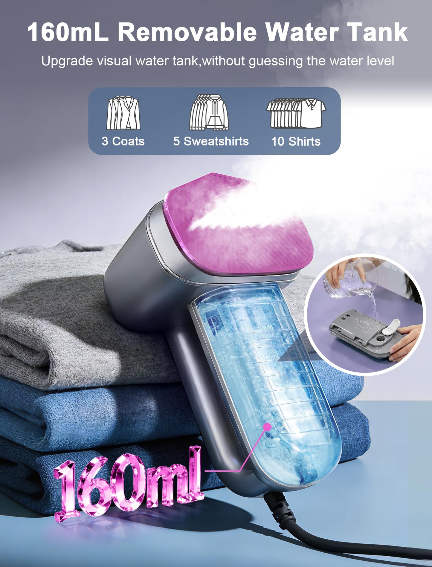 Garement Steamer for Clothes,Travel Steamer for Clothes,2 in 1 steamer and iron,160ml Large Water Tank Portable Steamer for Clothes,6 Steam Mode&Dual-Layer Heated Steam Plate,120V for Home(Purple)