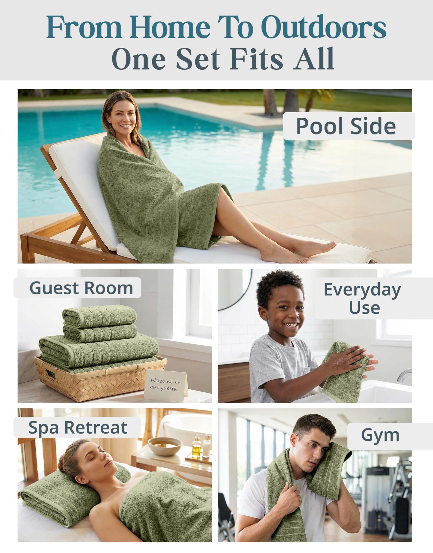 24-Piece Luxury Bathroom Towel Sets – 100% Cotton Bath Towel, 2 Bath Sheets, 2 Gym Towel, 2 Bath, 4 Fingertip, 6 Hand, 8 Washcloths, Highly Absorbent, Ideal for Spa, Hotel & Everyday Use – Oil Green