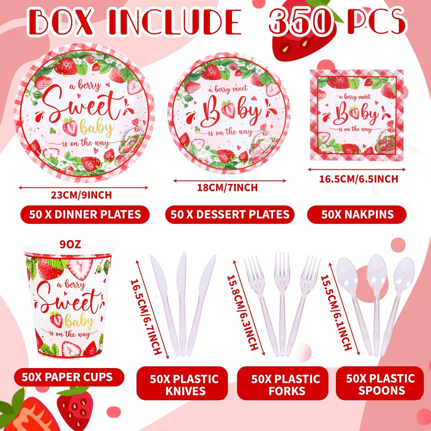 350 Strawberry Baby Shower Decorations for 50 Guests A Berry Sweet Baby is On The Way Party Supplies for Girls Disposable Dinnerware Set Paper Plates Napkins Cups