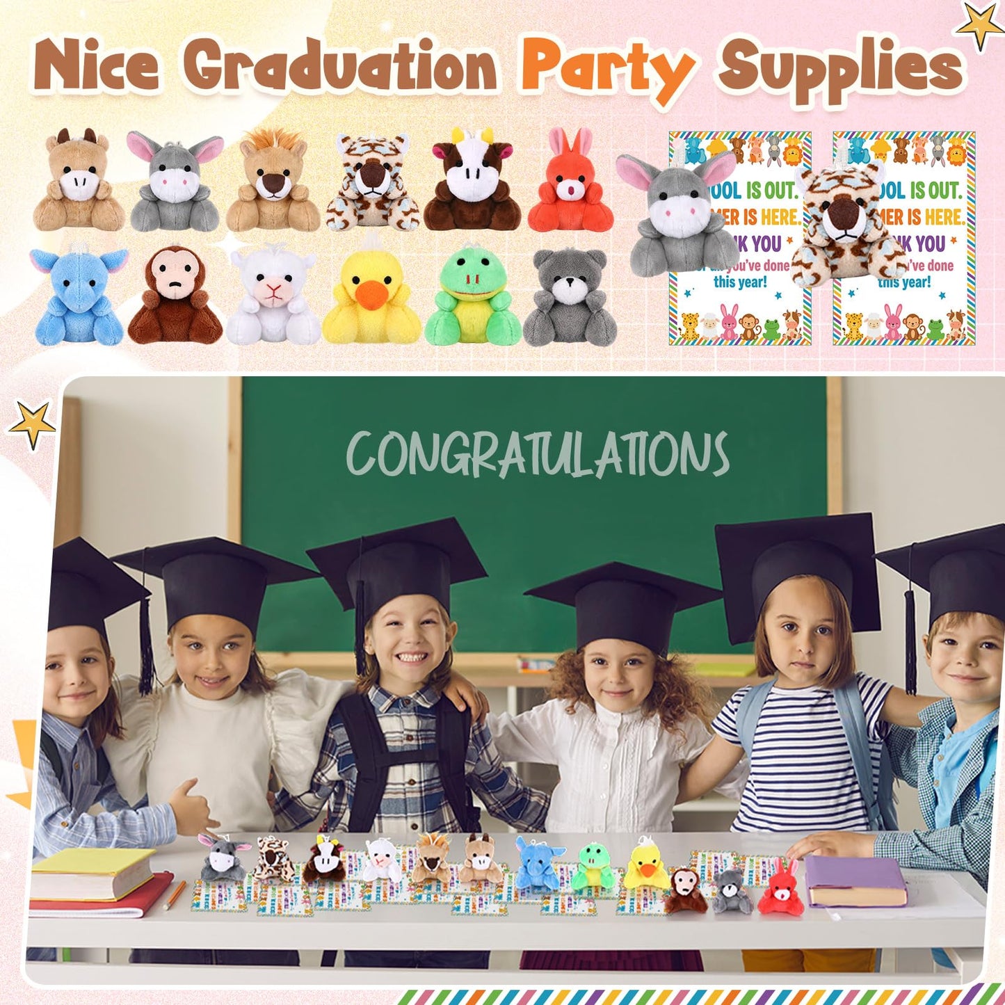 Roowest 24 Sets End of The Year Student Gifts Graduation Mini Stuffed Animal with Cards of 2026 Bulk Gifts from Teacher End of The Academic Year Party Decor(Cute)