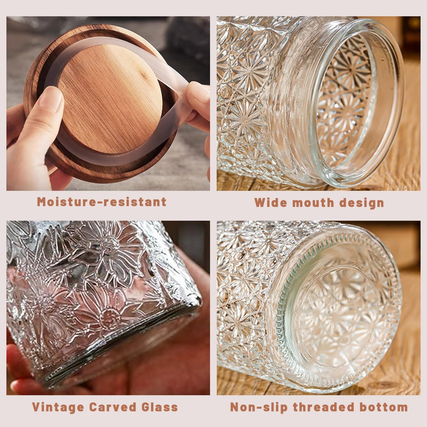 yoqelt Vintage Glass Jars with Wooden Lids, 6 Pack 24 oz Airtight Glass Food Storage Containers Sets for the Kitchen, Sugar Coffee Candy Spice Cookie Tea Pasta