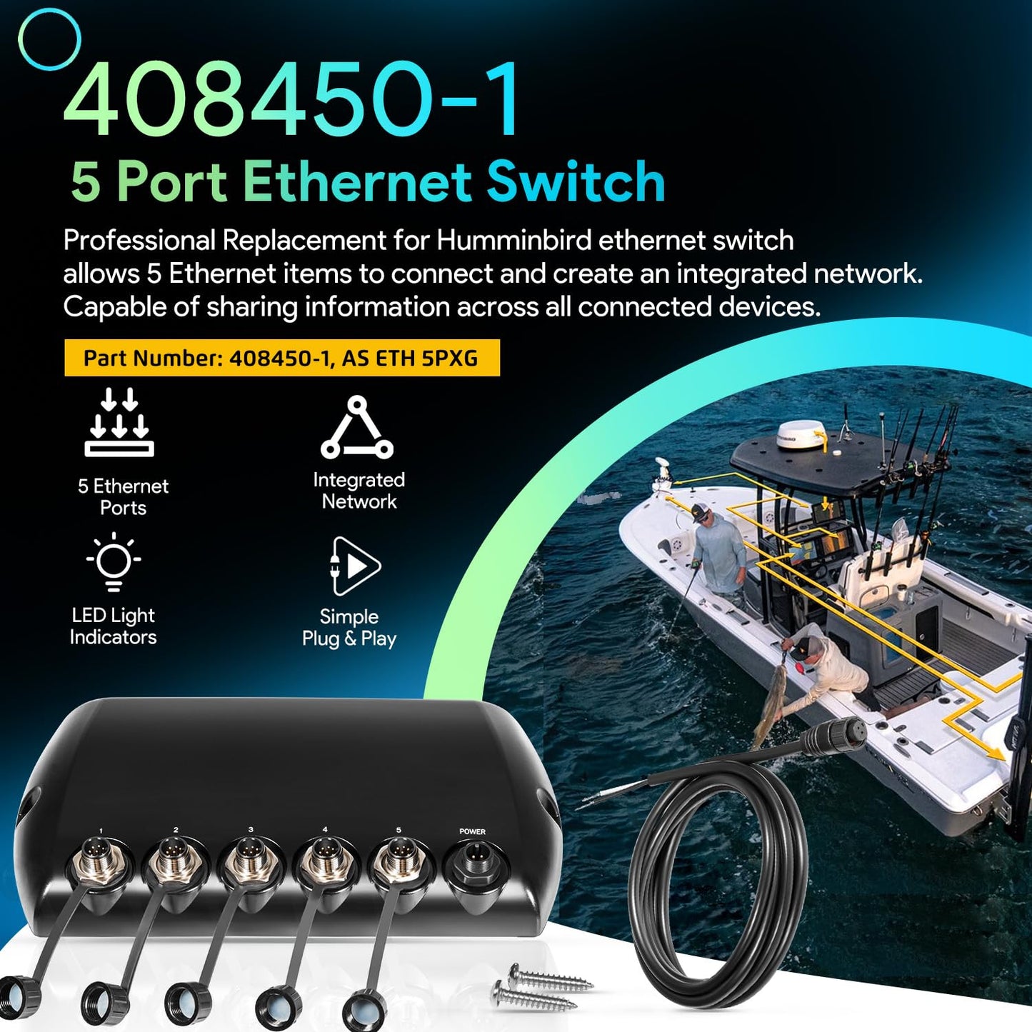 408450-1 5 Port Ethernet Switch, Replacement for Humminbird AS ETH 5PXG Network Switch Hub Waterproof for All Helix 7/8/9/10/12/15, G4N, G3N, G2N, APEX, SOLIX, Onix, ION Models, Black