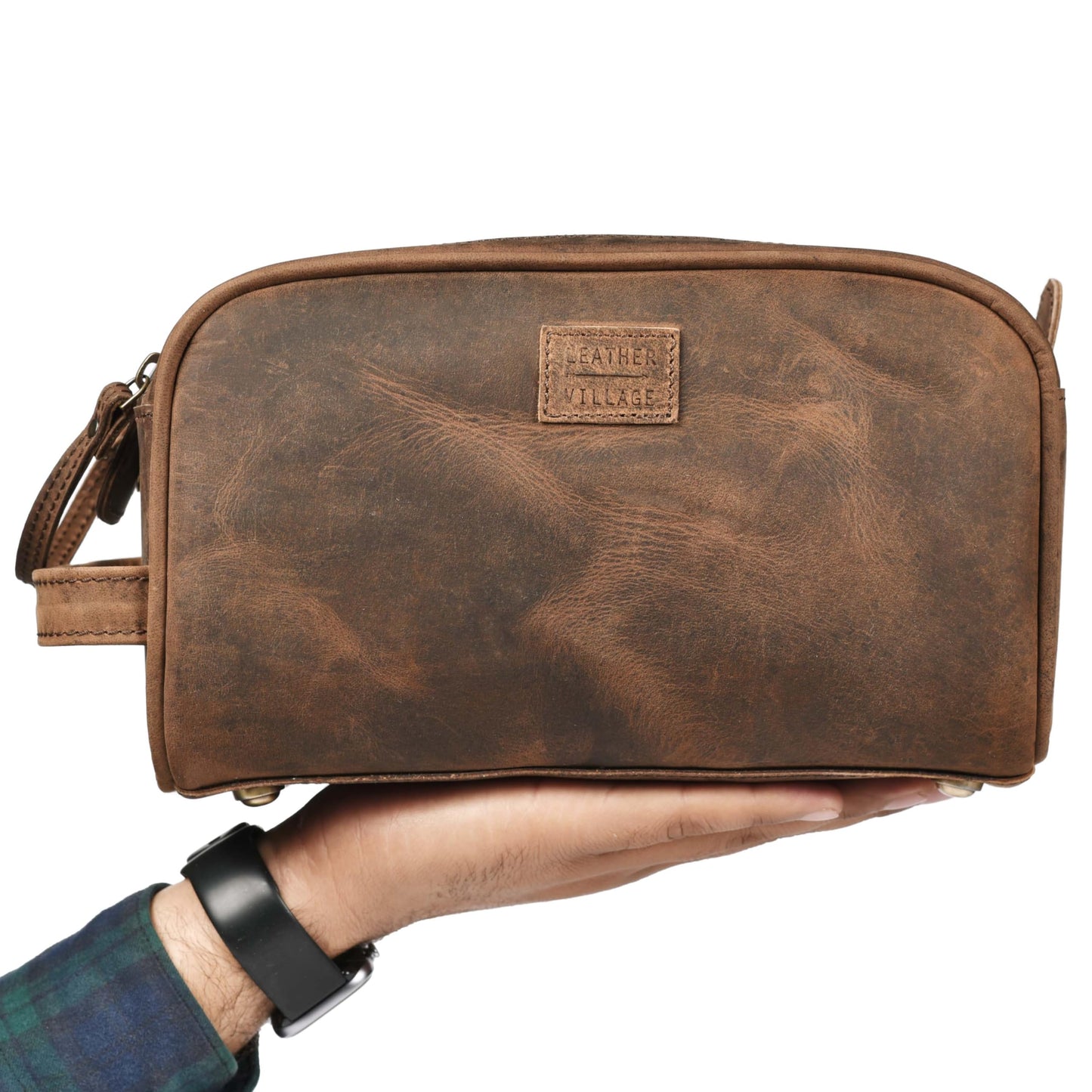 LEATHER VILLAGE Premium Leather Toiletry Travel Pouch With Waterproof Lining - Brown | King-Size Handcrafted Vintage Dopp Kit Bag